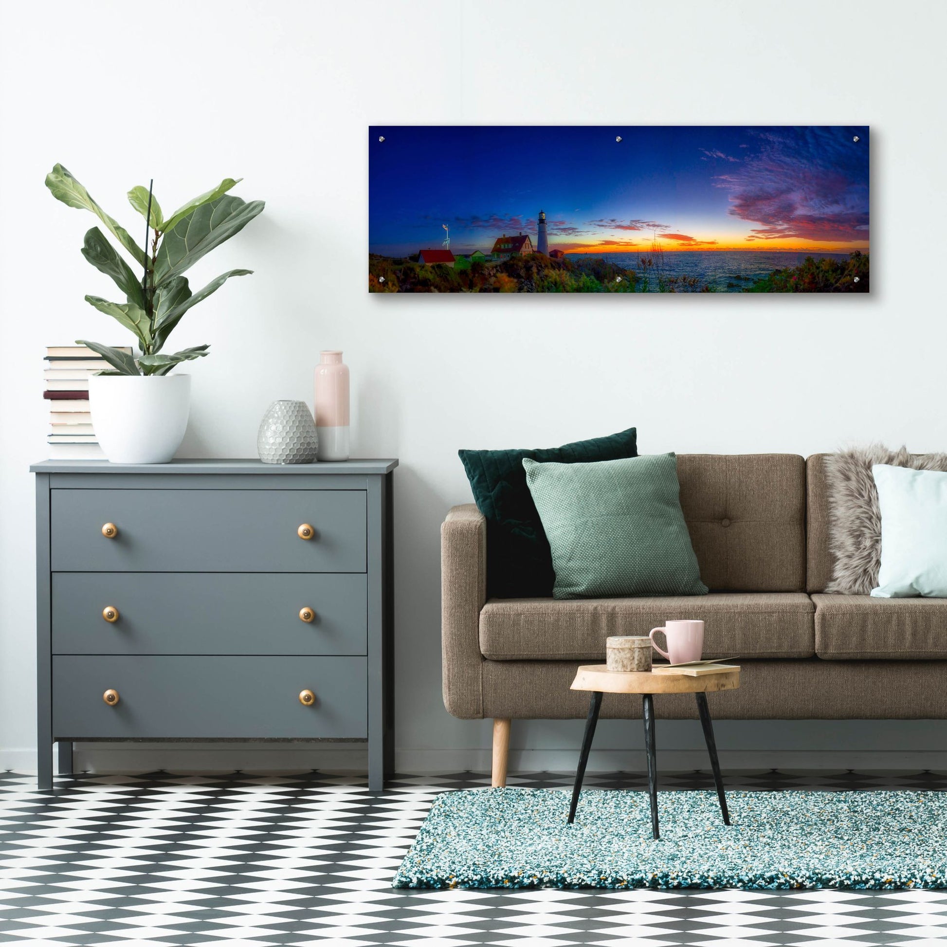 Epic Art 'Portland Maine Head Light At Dawn Panorama' by Lena Owens, Acrylic Glass Wall Art,48x16