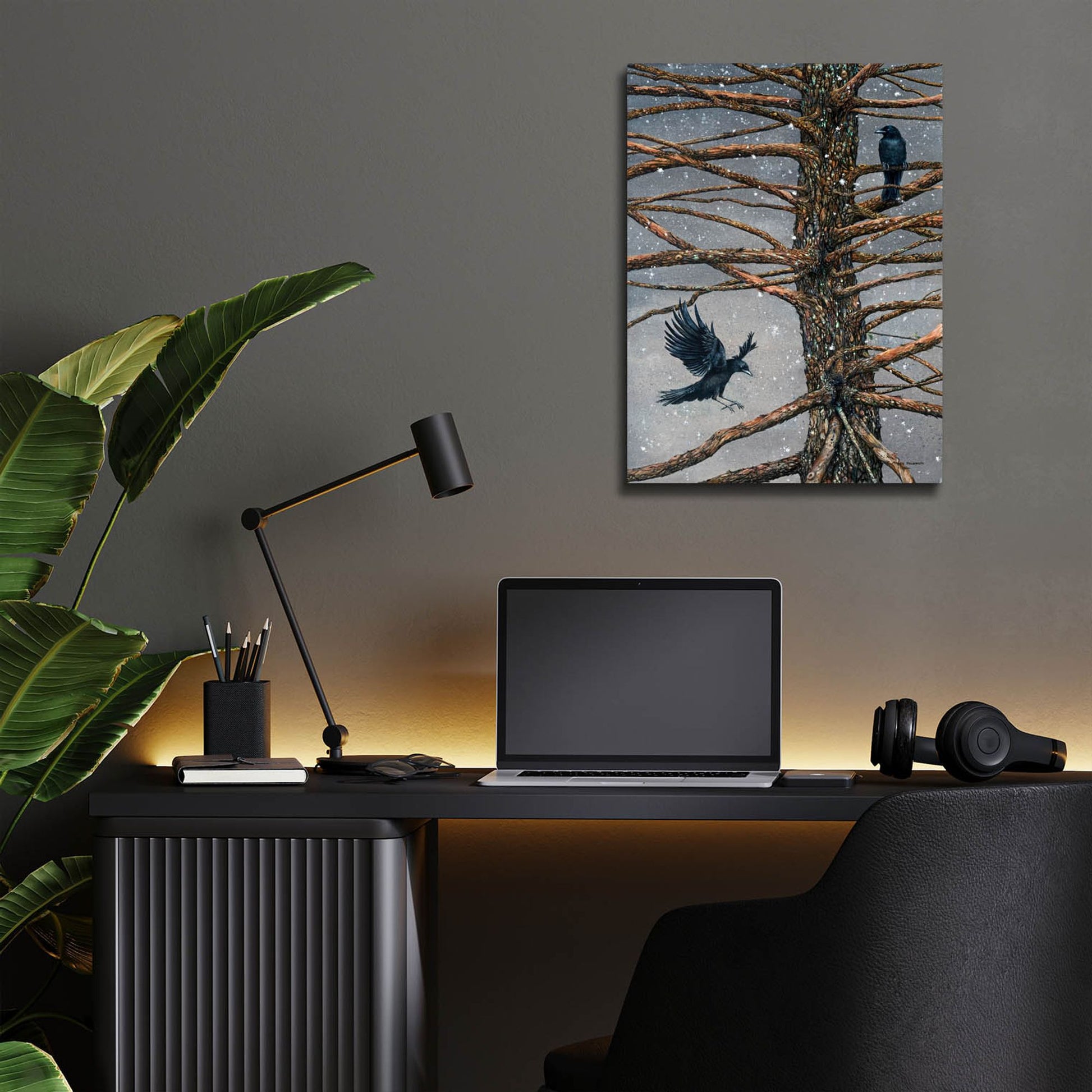 Epic Art 'Corvus Corvidae and the Cedar' by Maggie Vandewalle, Acrylic Glass Wall Art,12x16