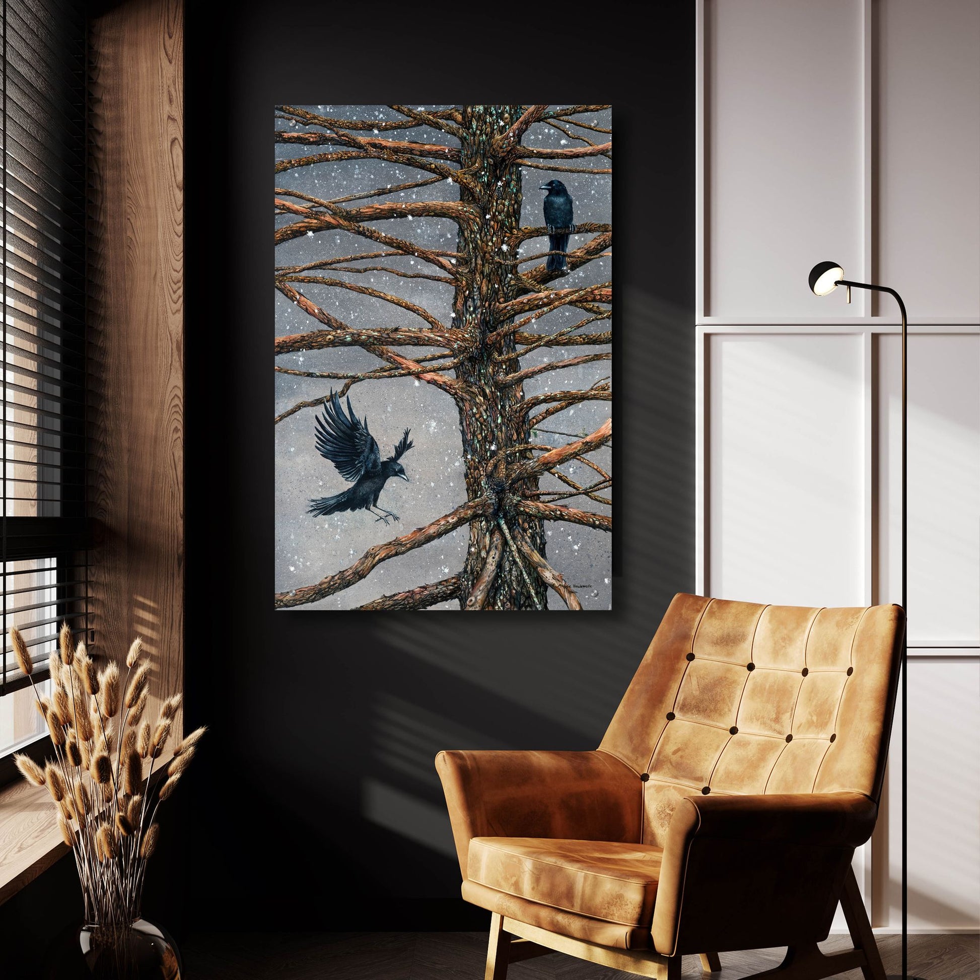 Epic Art 'Corvus Corvidae and the Cedar' by Maggie Vandewalle, Acrylic Glass Wall Art,24x36