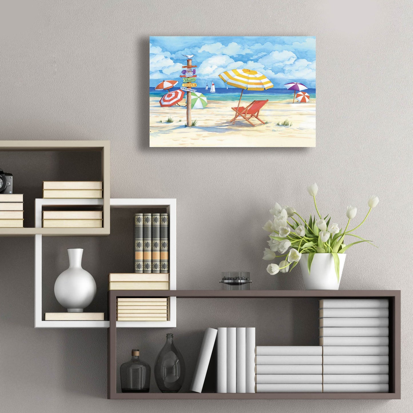 Epic Art 'Beach Signs Umbrellas' by Paul Brent, Acrylic Glass Wall Art,24x16