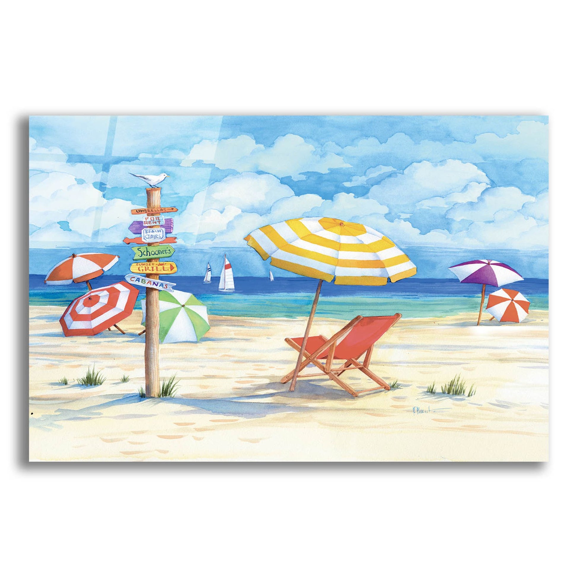 Epic Art 'Beach Signs Umbrellas' by Paul Brent, Acrylic Glass Wall Art,24x16