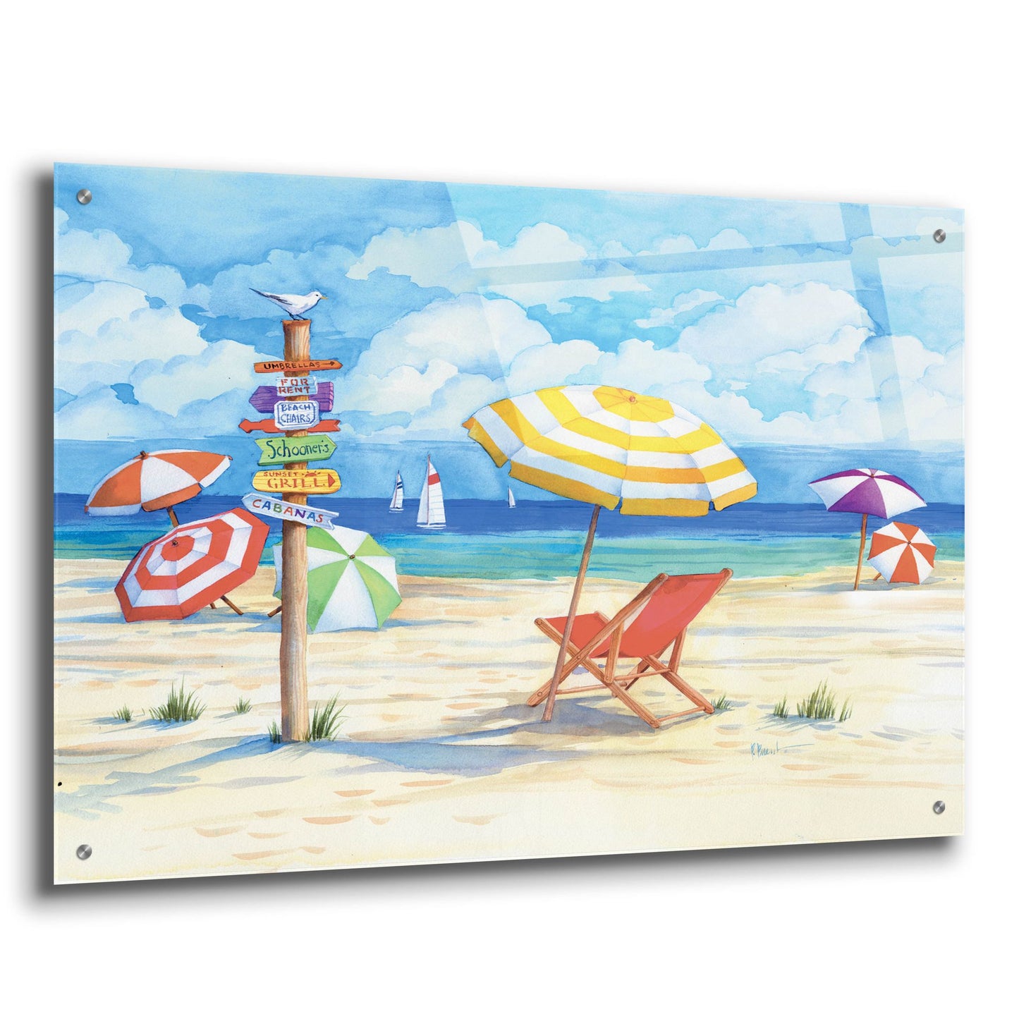 Epic Art 'Beach Signs Umbrellas' by Paul Brent, Acrylic Glass Wall Art,36x24