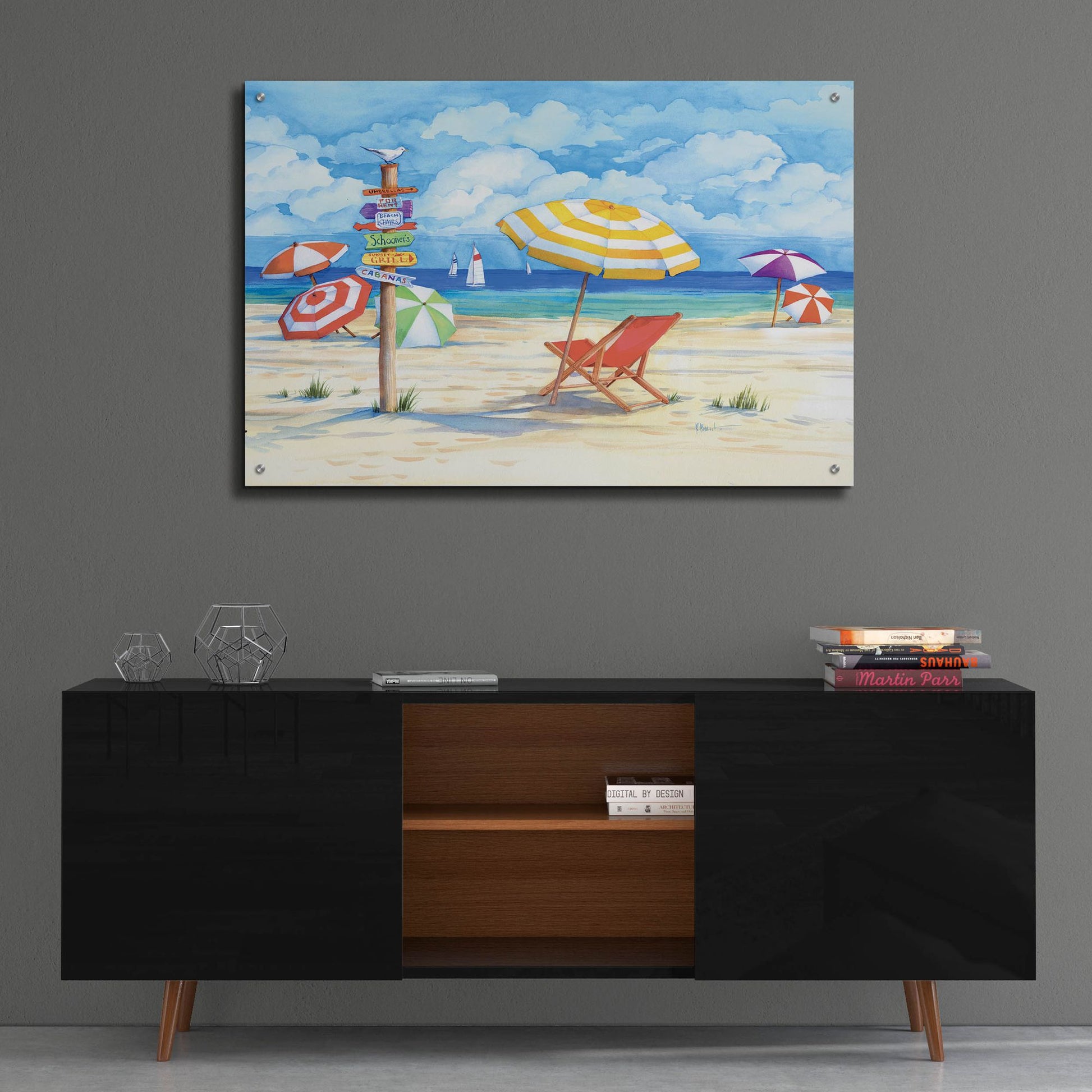 Epic Art 'Beach Signs Umbrellas' by Paul Brent, Acrylic Glass Wall Art,36x24