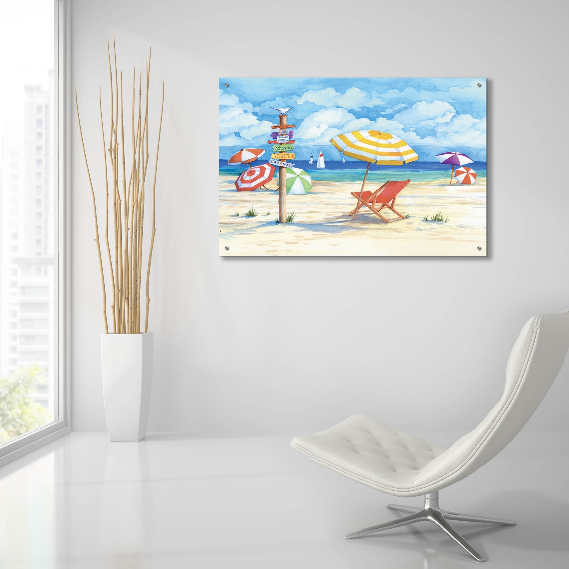 Epic Art 'Beach Signs Umbrellas' by Paul Brent, Acrylic Glass Wall Art,36x24