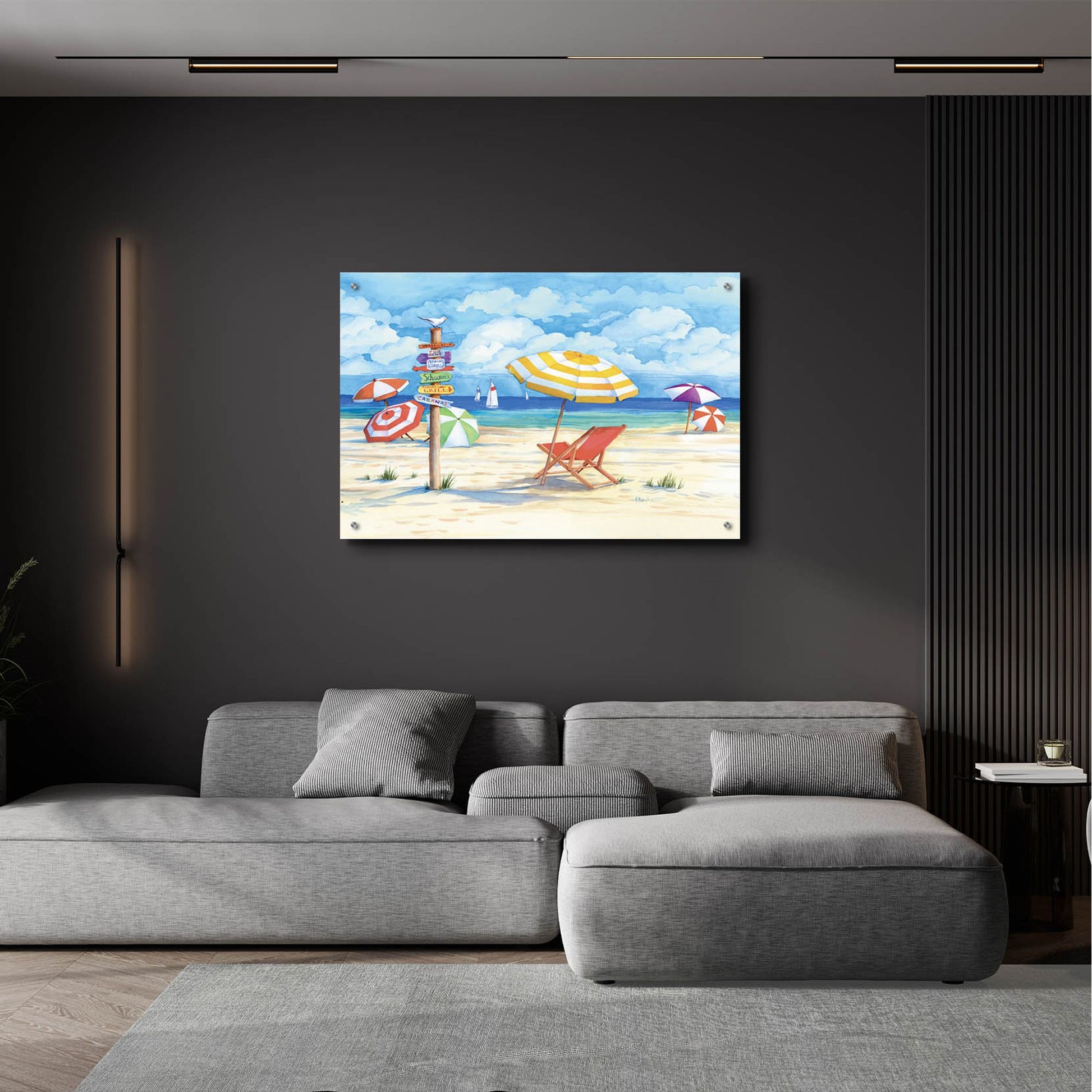 Epic Art 'Beach Signs Umbrellas' by Paul Brent, Acrylic Glass Wall Art,36x24