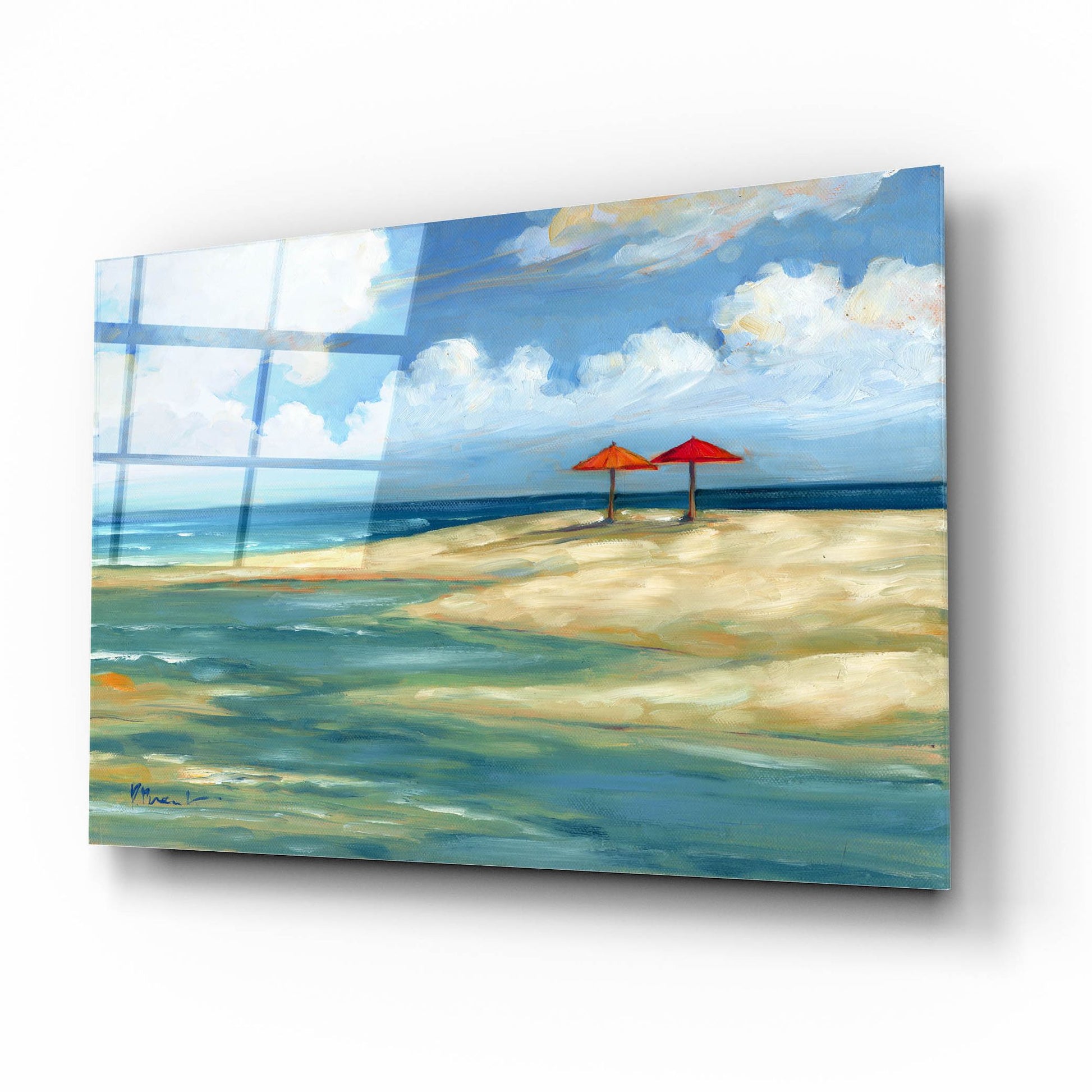 Epic Art 'Umbrella Beachscape - Orange and Red' by Paul Brent, Acrylic Glass Wall Art,16x12