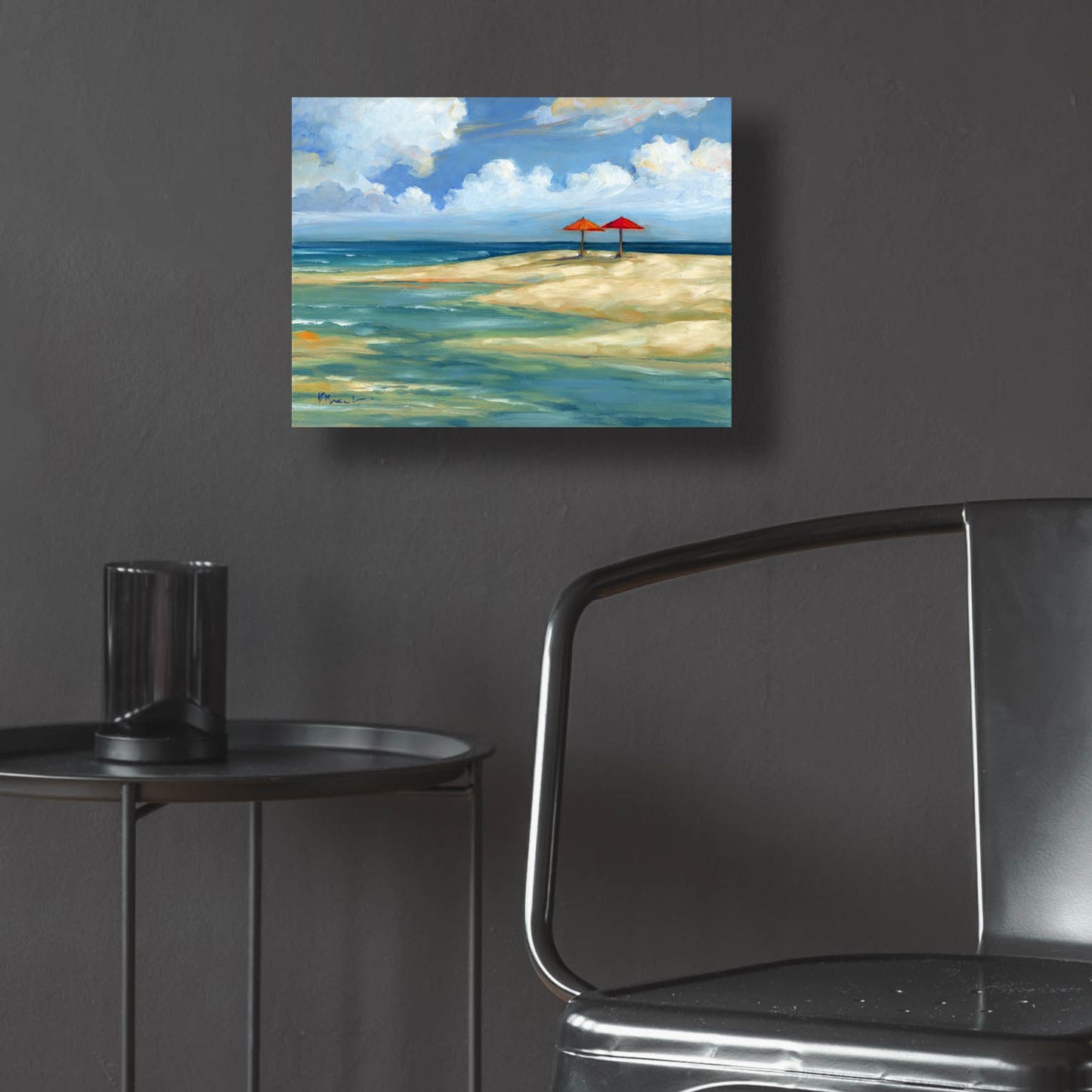 Epic Art 'Umbrella Beachscape - Orange and Red' by Paul Brent, Acrylic Glass Wall Art,16x12