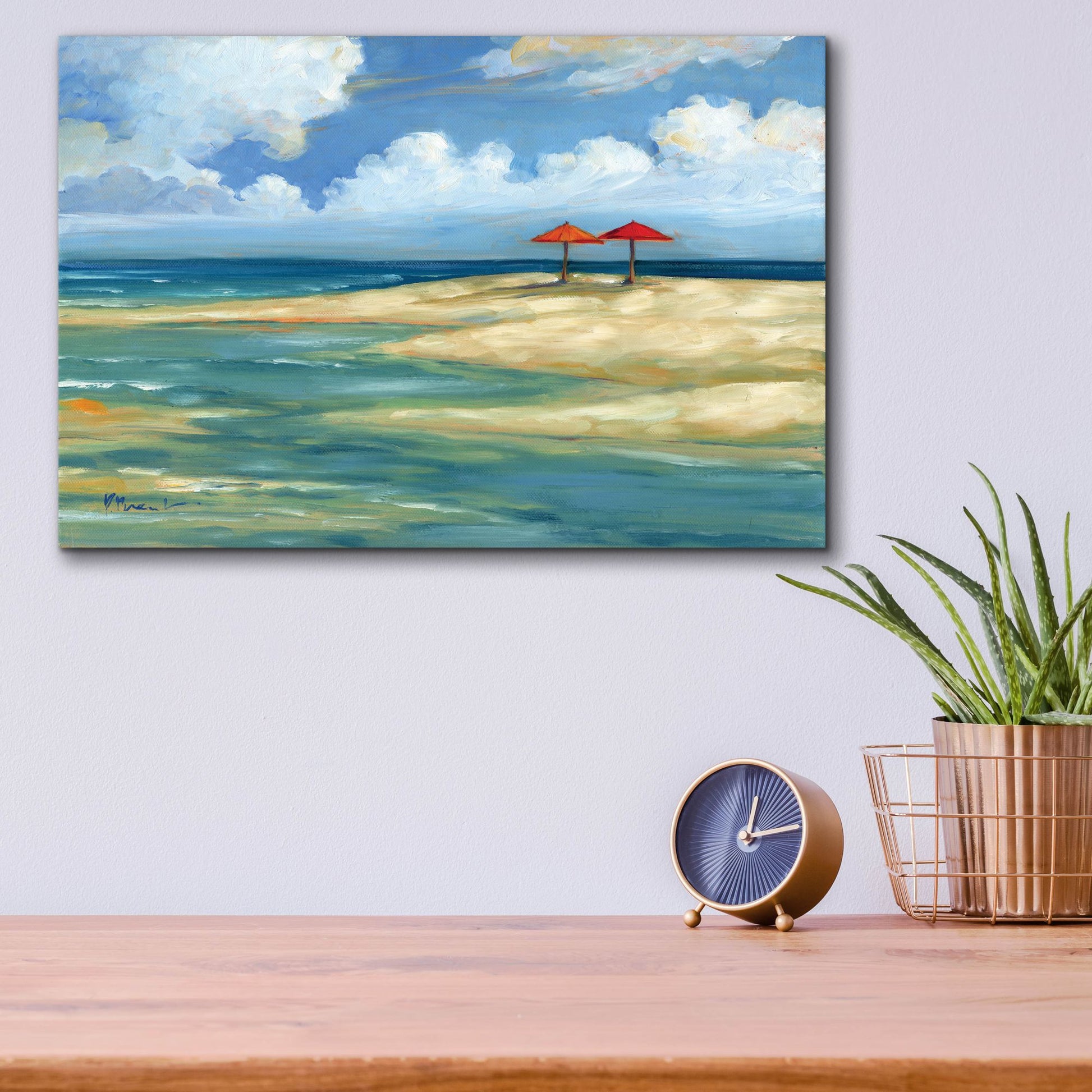 Epic Art 'Umbrella Beachscape - Orange and Red' by Paul Brent, Acrylic Glass Wall Art,16x12