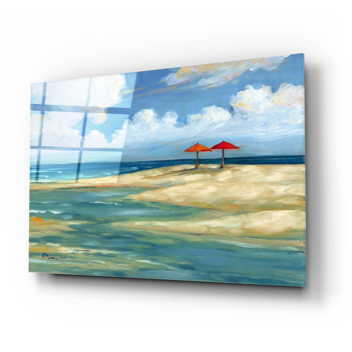 Epic Art 'Umbrella Beachscape - Orange and Red' by Paul Brent, Acrylic Glass Wall Art,24x16