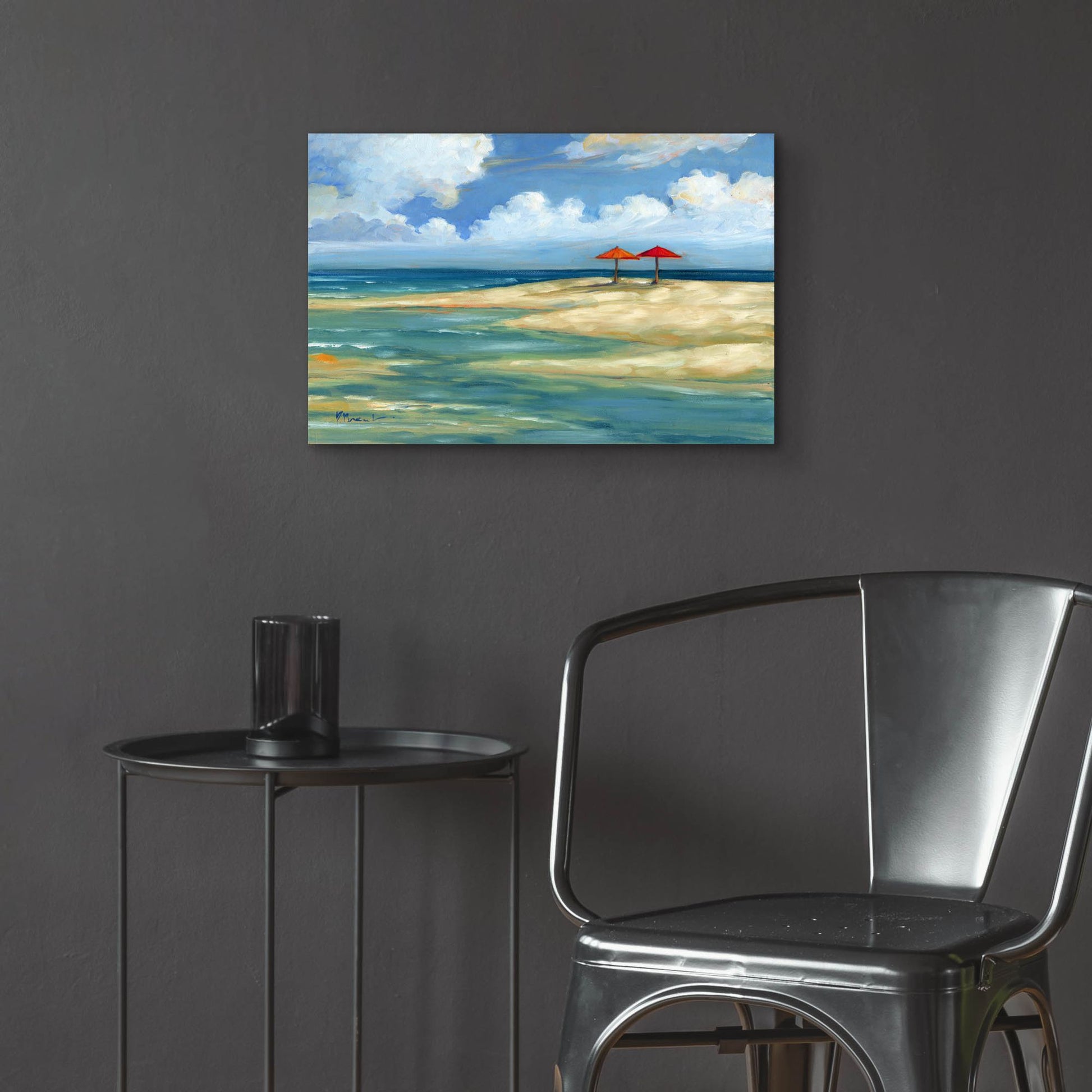 Epic Art 'Umbrella Beachscape - Orange and Red' by Paul Brent, Acrylic Glass Wall Art,24x16