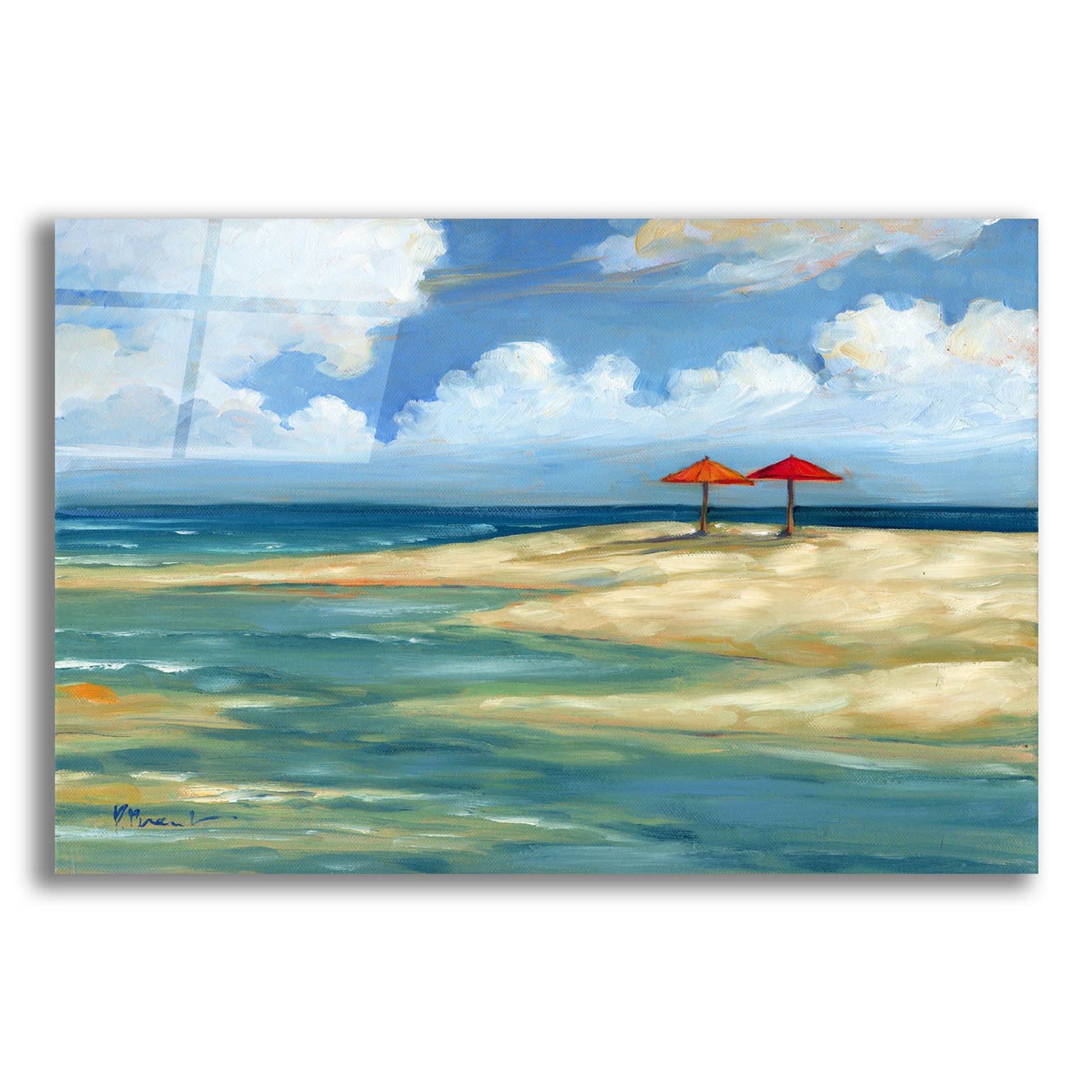 Epic Art 'Umbrella Beachscape - Orange and Red' by Paul Brent, Acrylic Glass Wall Art,24x16