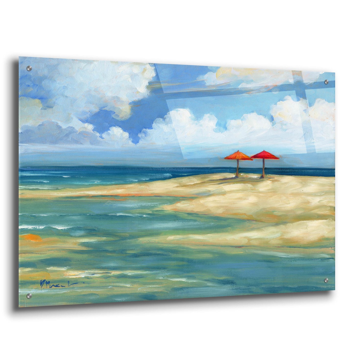 Epic Art 'Umbrella Beachscape - Orange and Red' by Paul Brent, Acrylic Glass Wall Art,36x24