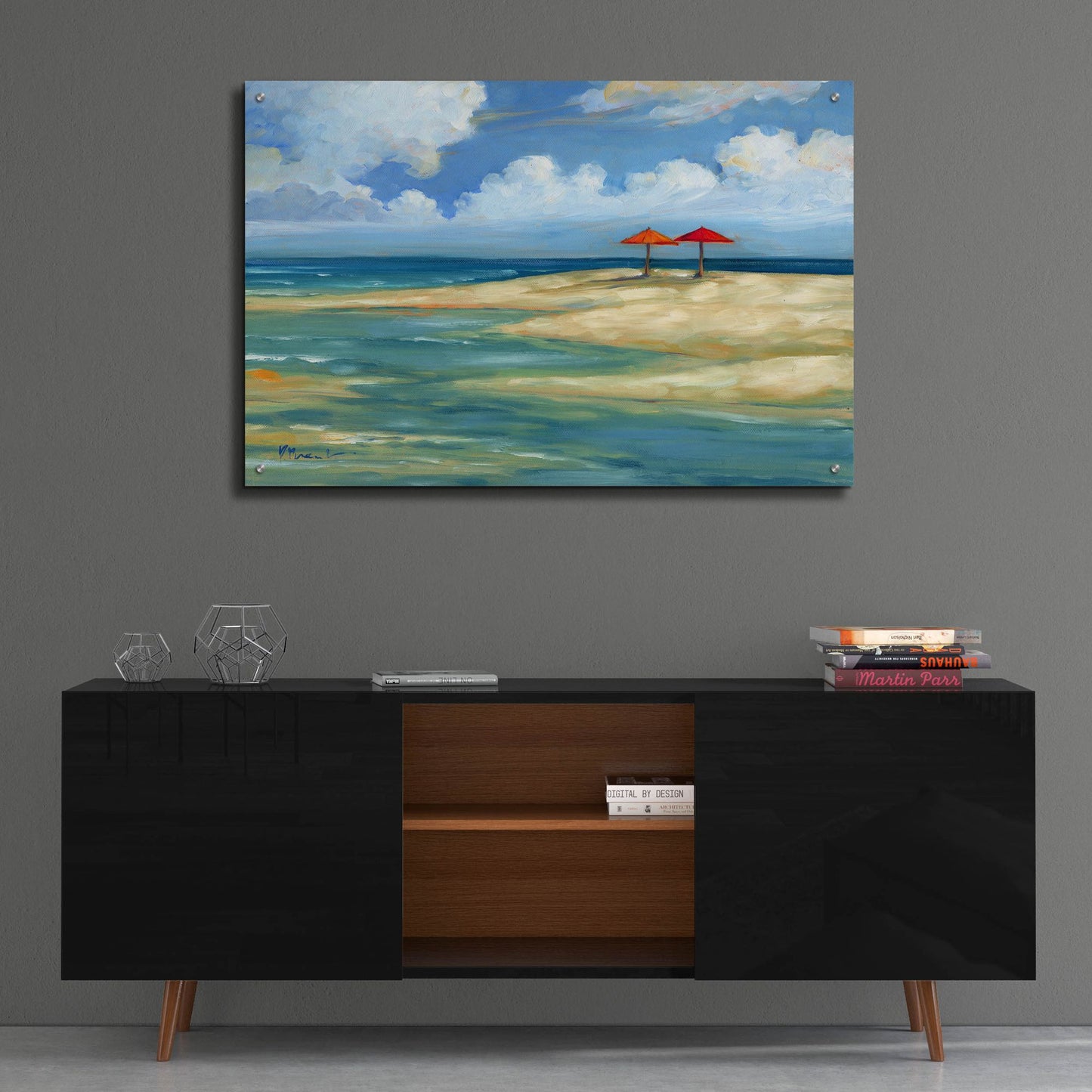 Epic Art 'Umbrella Beachscape - Orange and Red' by Paul Brent, Acrylic Glass Wall Art,36x24