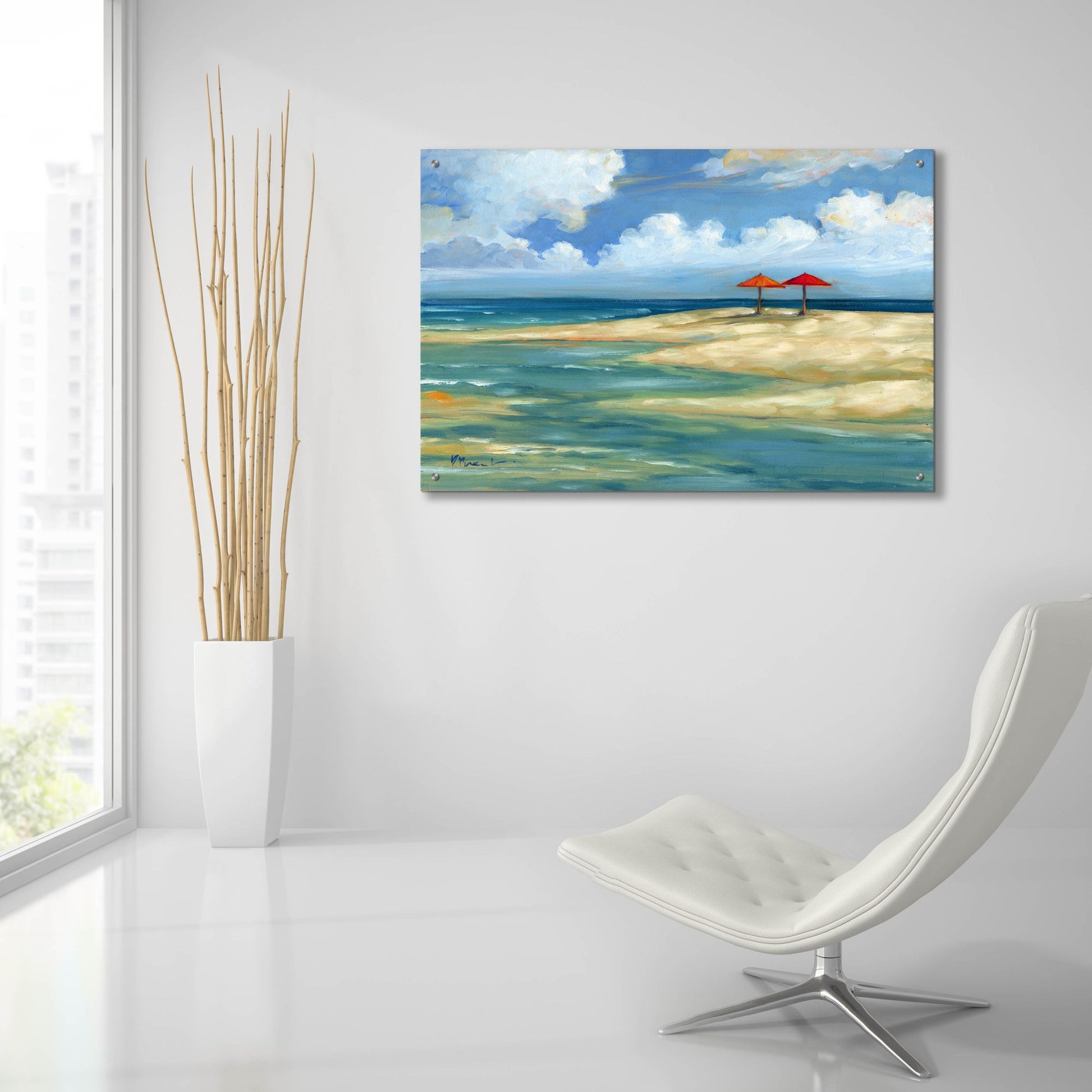 Epic Art 'Umbrella Beachscape - Orange and Red' by Paul Brent, Acrylic Glass Wall Art,36x24