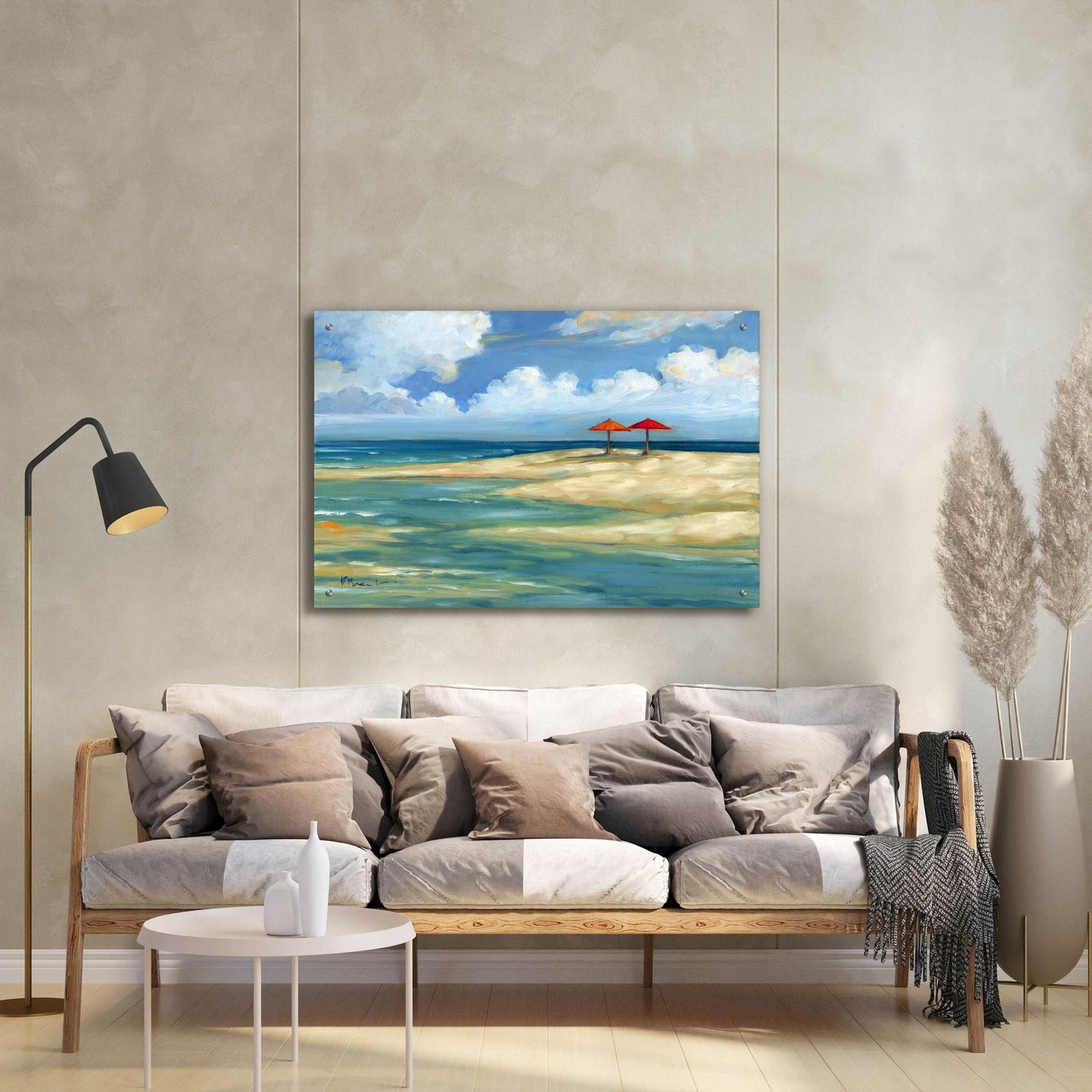 Epic Art 'Umbrella Beachscape - Orange and Red' by Paul Brent, Acrylic Glass Wall Art,36x24