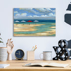 Epic Art 'Umbrella Beachscape - White and Red' by Paul Brent, Acrylic Glass Wall Art,16x12