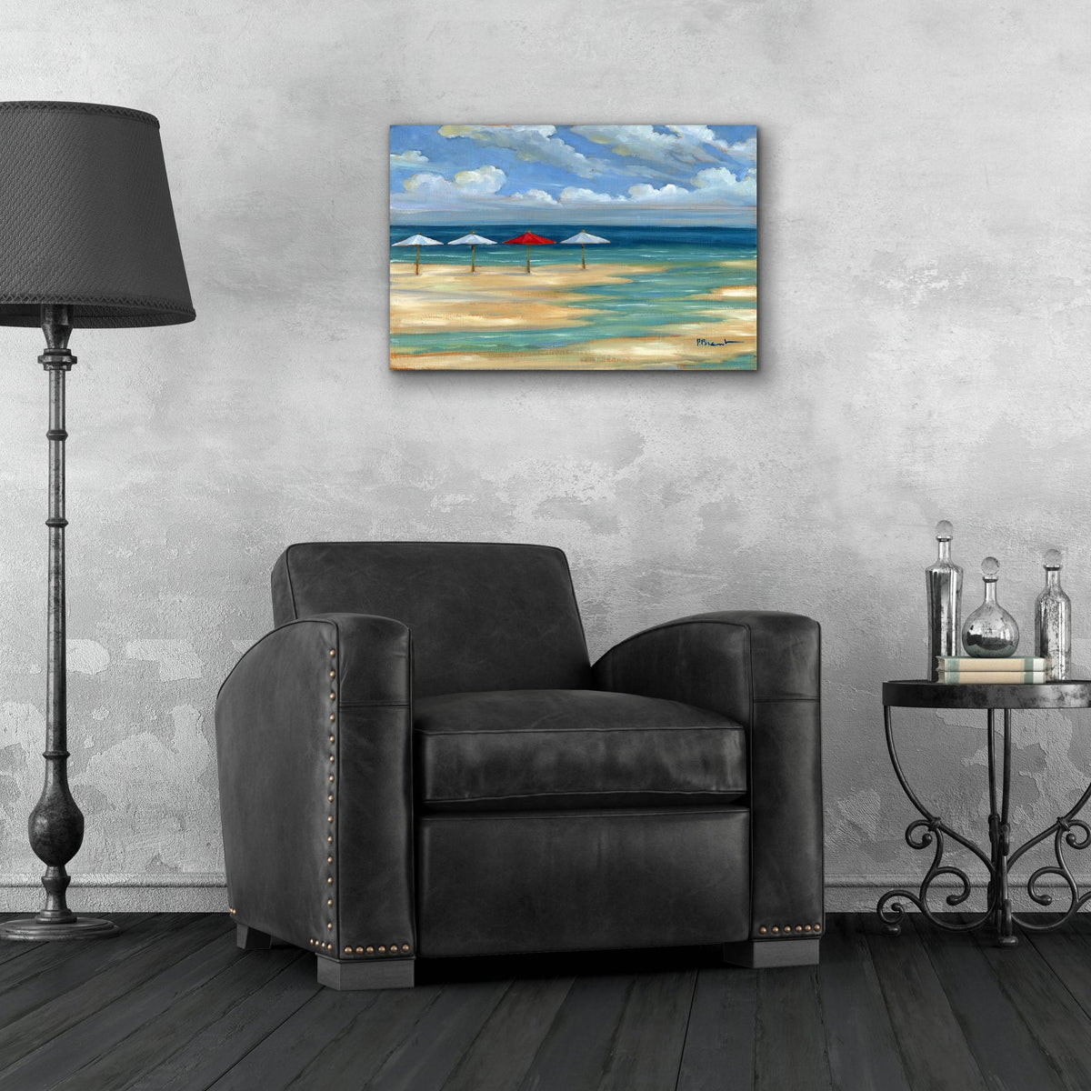 Epic Art 'Umbrella Beachscape - White and Red' by Paul Brent, Acrylic Glass Wall Art,24x16