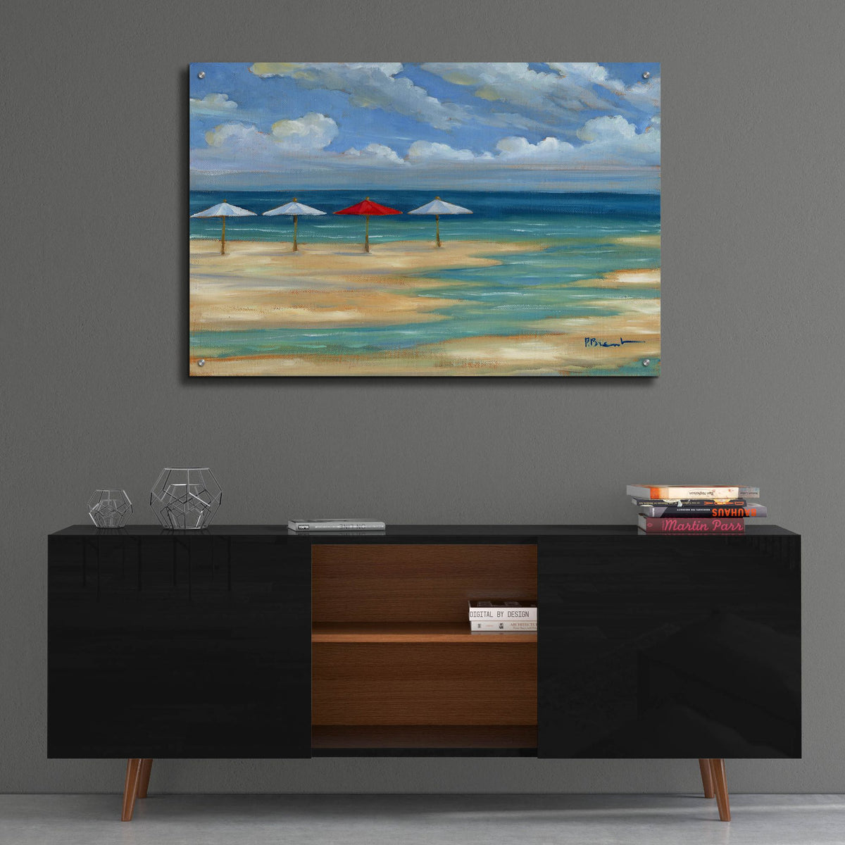 Epic Art 'Umbrella Beachscape - White and Red' by Paul Brent, Acrylic Glass Wall Art,36x24