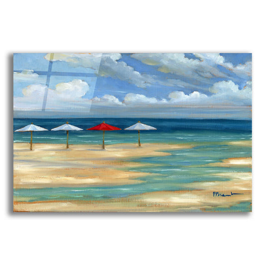 Epic Art 'Umbrella Beachscape - White and Red' by Paul Brent, Acrylic Glass Wall Art