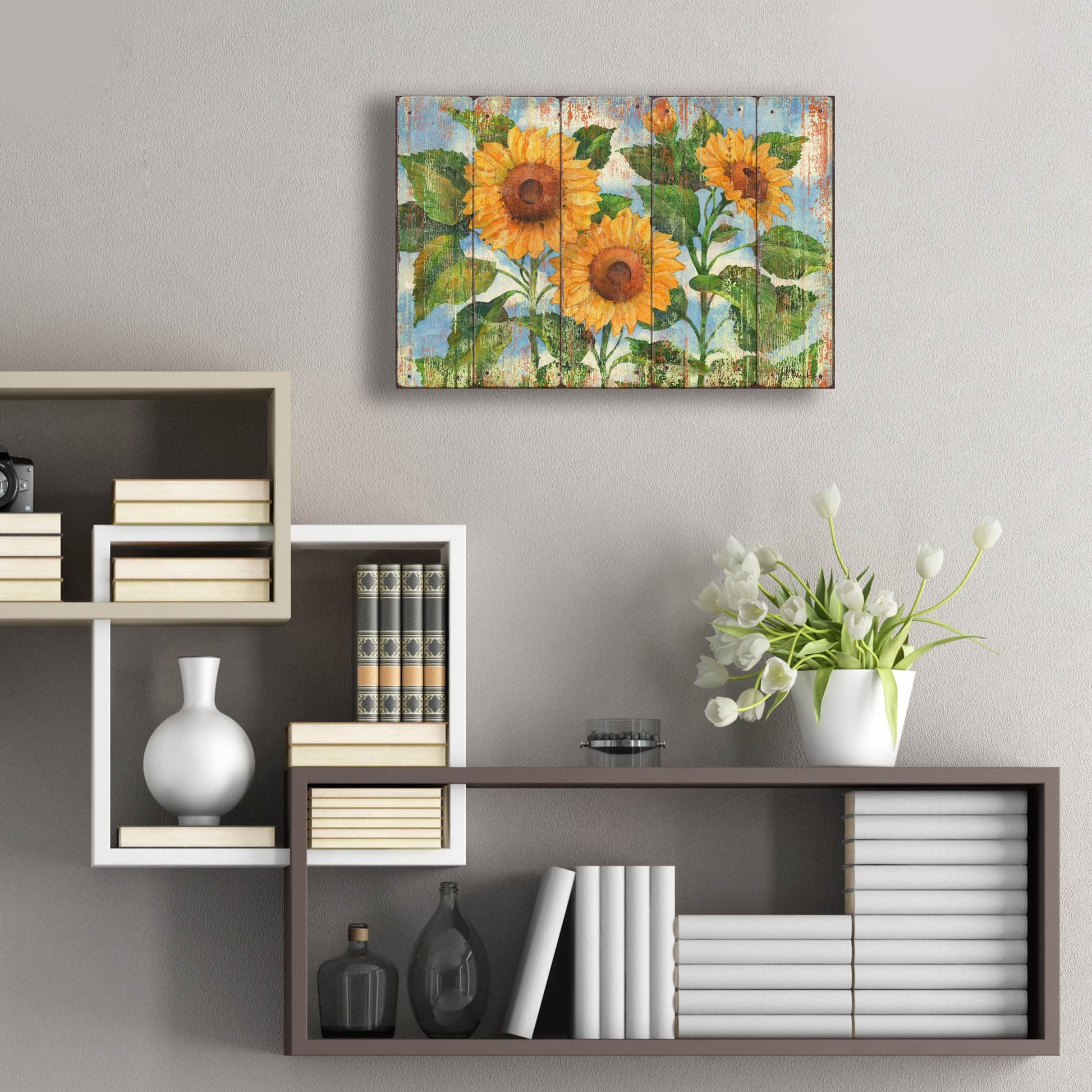 Epic Art 'Summer Sunflowers - Distressed' by Paul Brent, Acrylic Glass Wall Art,24x16