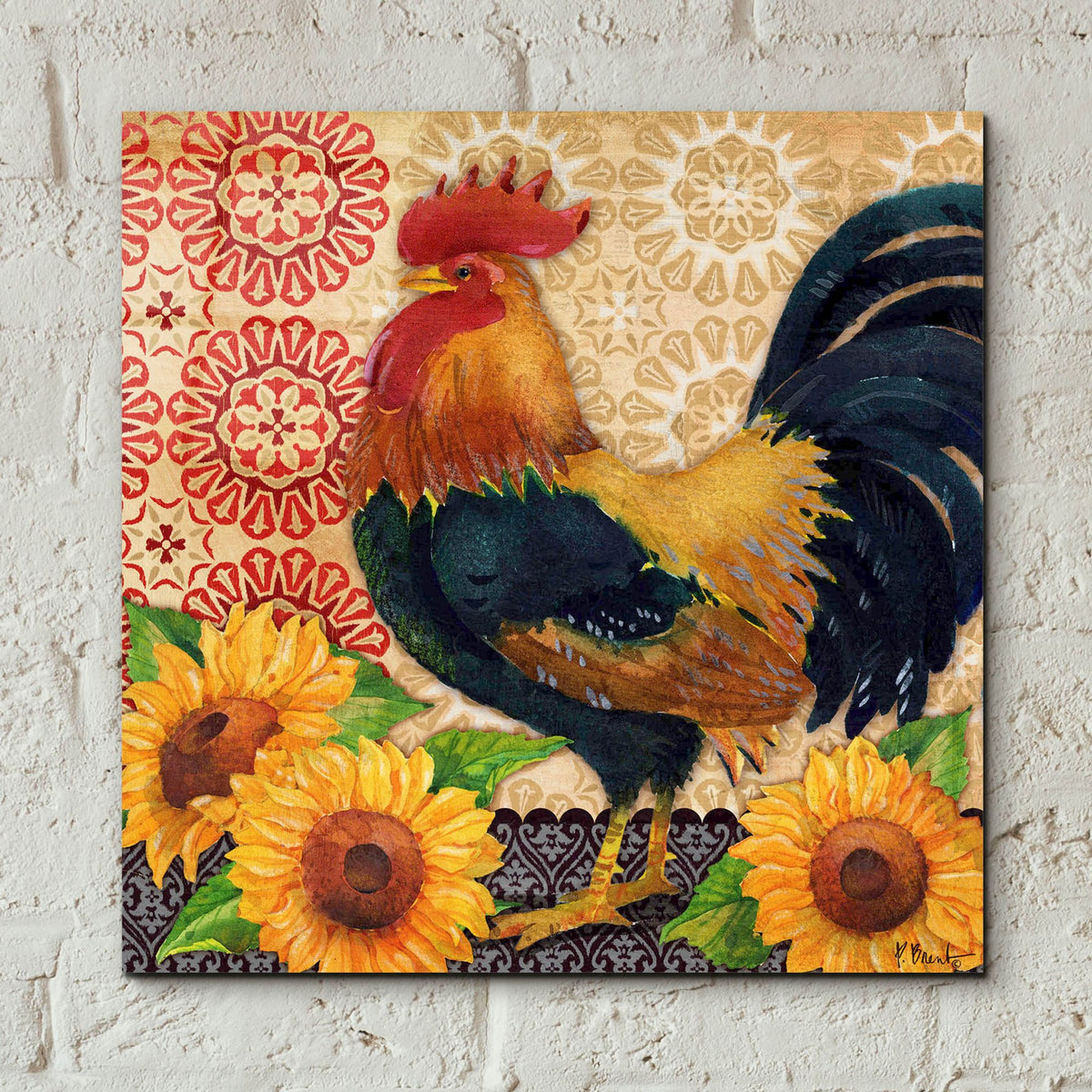 Epic Art 'Roosters and Sunflowers II' by Paul Brent, Acrylic Glass Wall Art,12x12