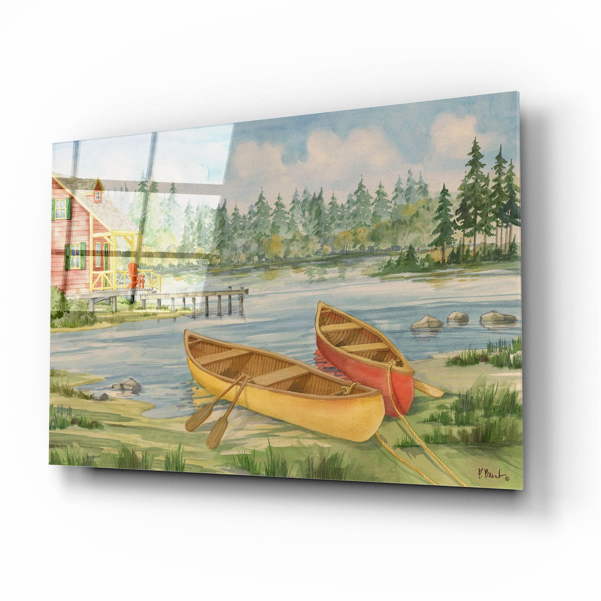 Epic Art 'Canoe Camp with Cabin' by Paul Brent, Acrylic Glass Wall Art,16x12