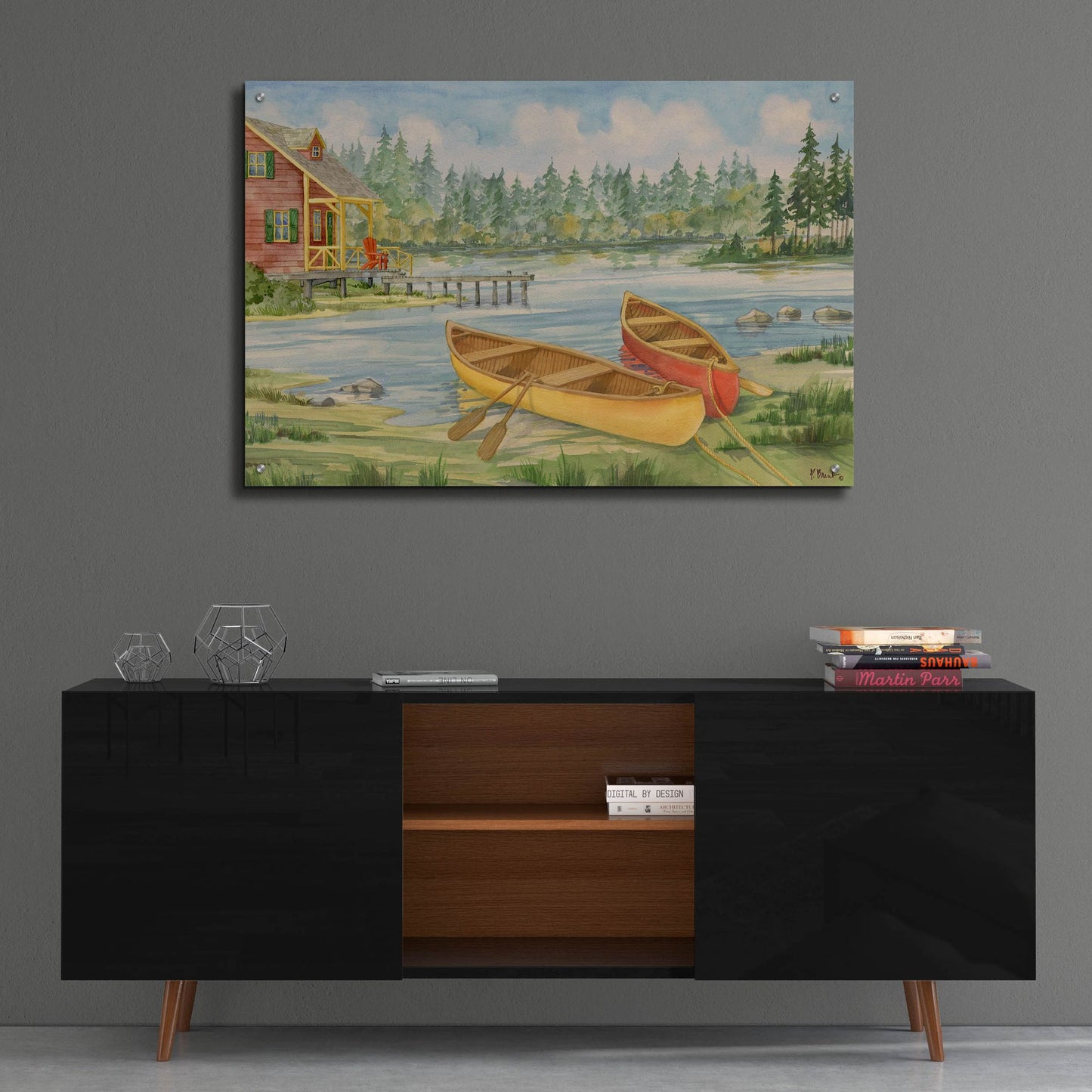 Epic Art 'Canoe Camp with Cabin' by Paul Brent, Acrylic Glass Wall Art,36x24