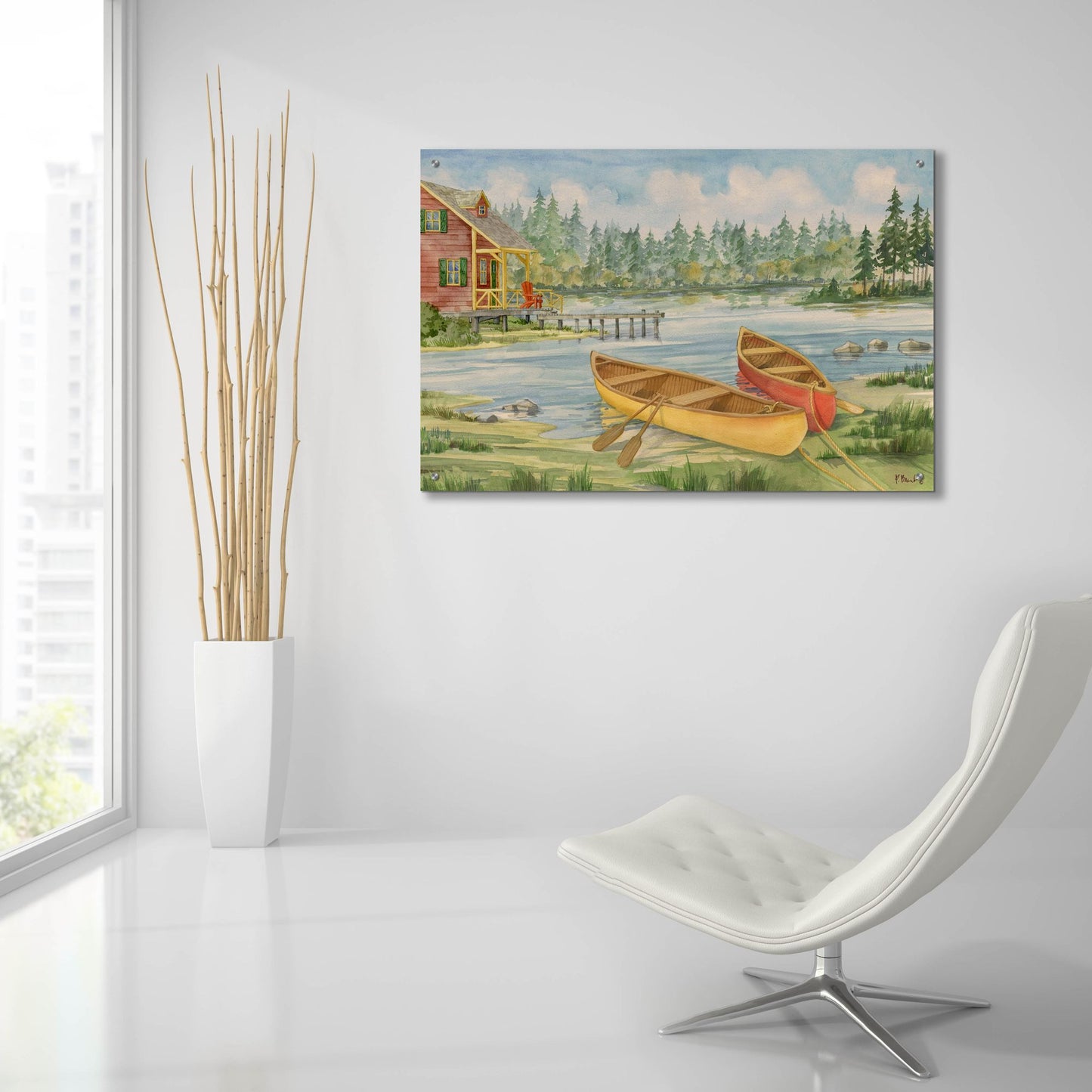 Epic Art 'Canoe Camp with Cabin' by Paul Brent, Acrylic Glass Wall Art,36x24