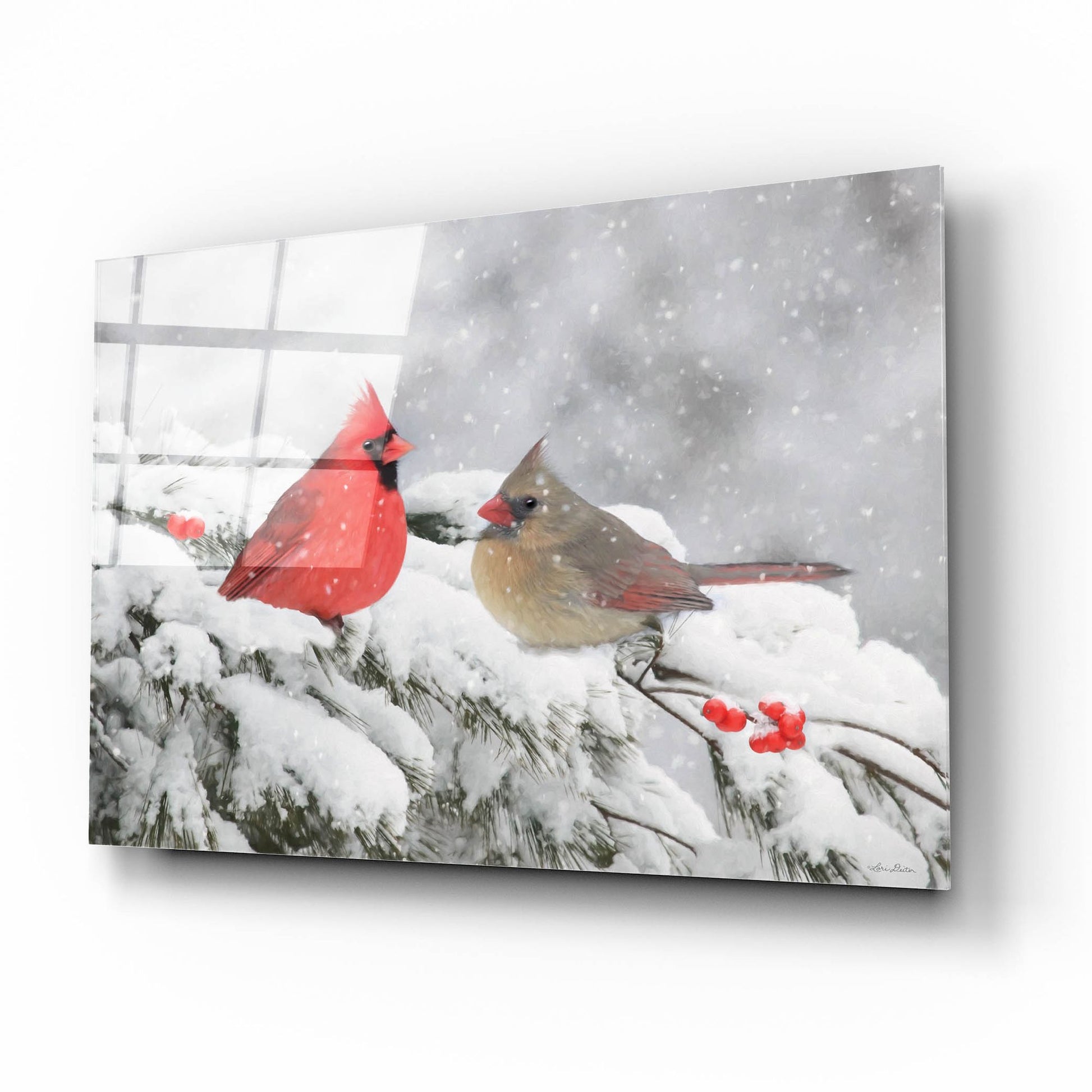 Epic Art 'Cardinals in Snow' by Lori Deiter, Acrylic Glass Wall Art,16x12