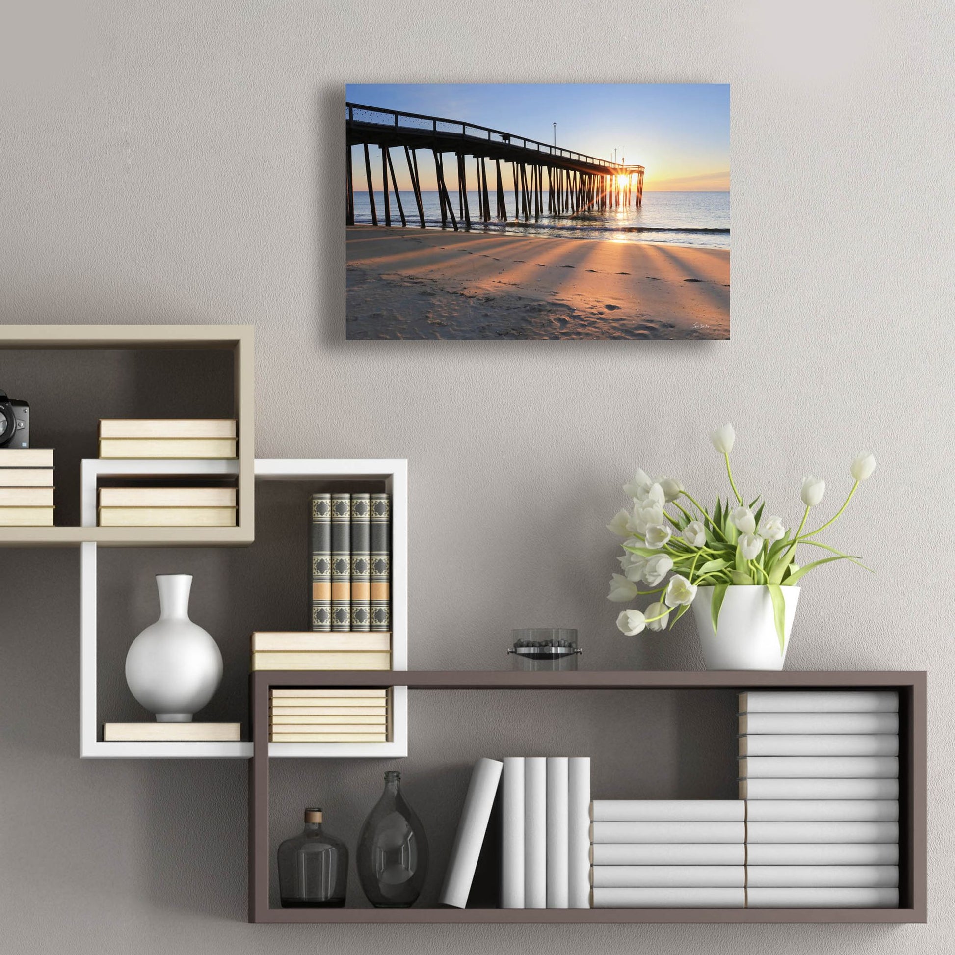 Epic Art 'Sunrise at the Pier  ' by Lori Deiter, Acrylic Glass Wall Art,24x16