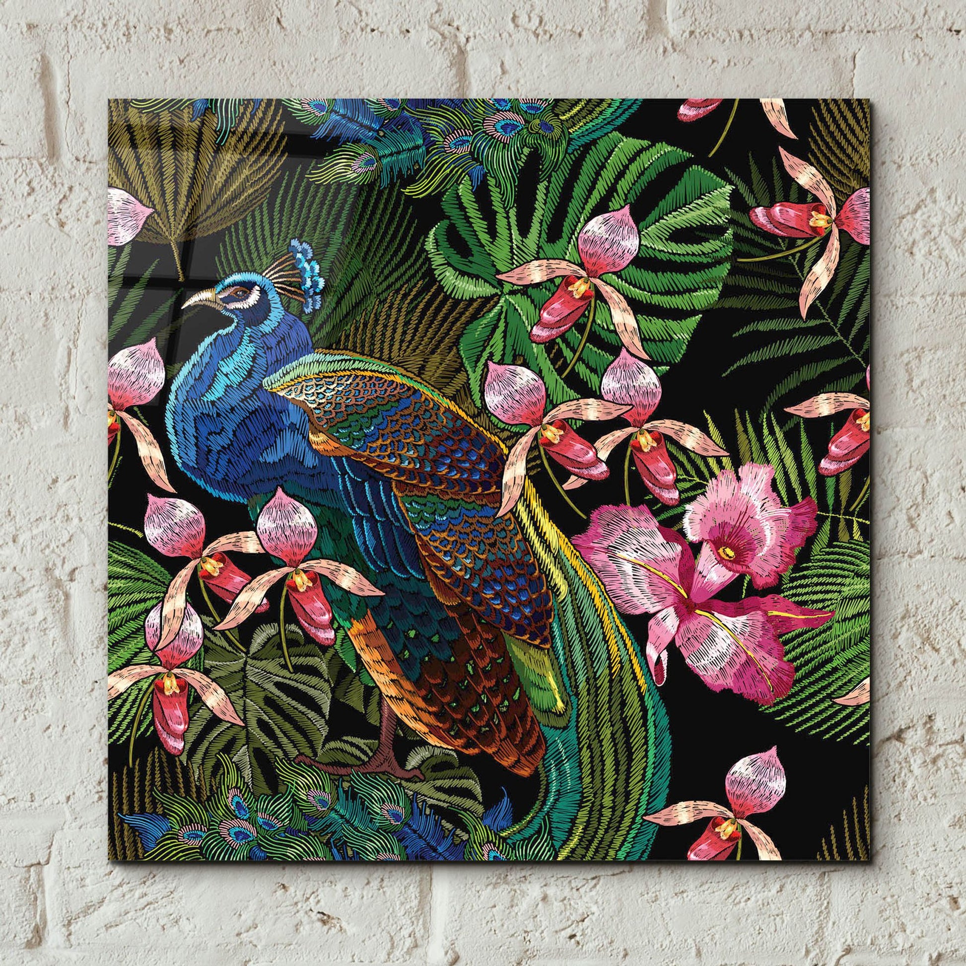 Epic Art 'Embroidery Peacock Exotic Tropical Flower' by Epic Portfolio, Acrylic Glass Wall Art,12x12