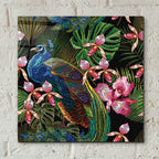 Epic Art 'Embroidery Peacock Exotic Tropical Flower' by Epic Portfolio, Acrylic Glass Wall Art,12x12