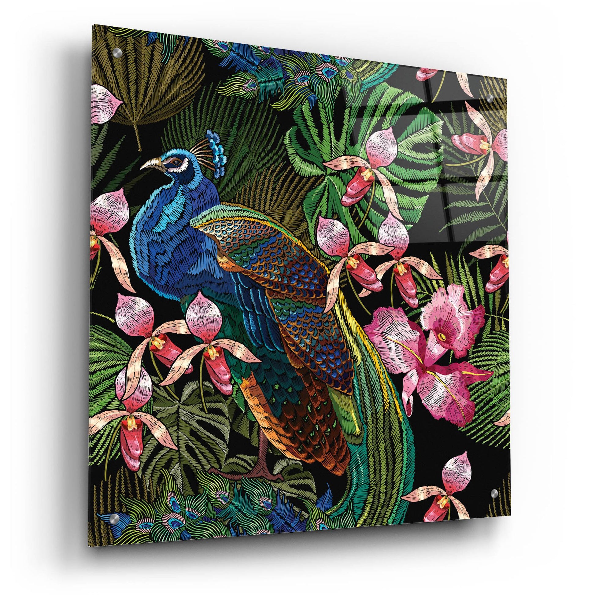 Epic Art 'Embroidery Peacock Exotic Tropical Flower' by Epic Portfolio, Acrylic Glass Wall Art,24x24