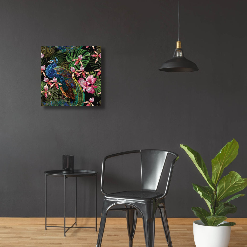 Epic Art 'Embroidery Peacock Exotic Tropical Flower' by Epic Portfolio, Acrylic Glass Wall Art,24x24