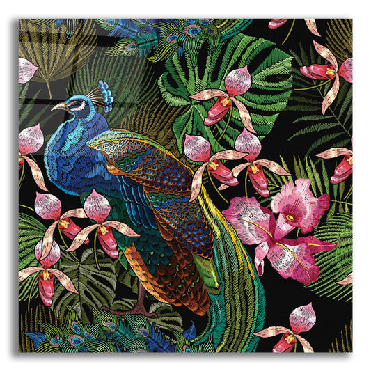 Epic Art 'Embroidery Peacock Exotic Tropical Flower' by Epic Portfolio, Acrylic Glass Wall Art