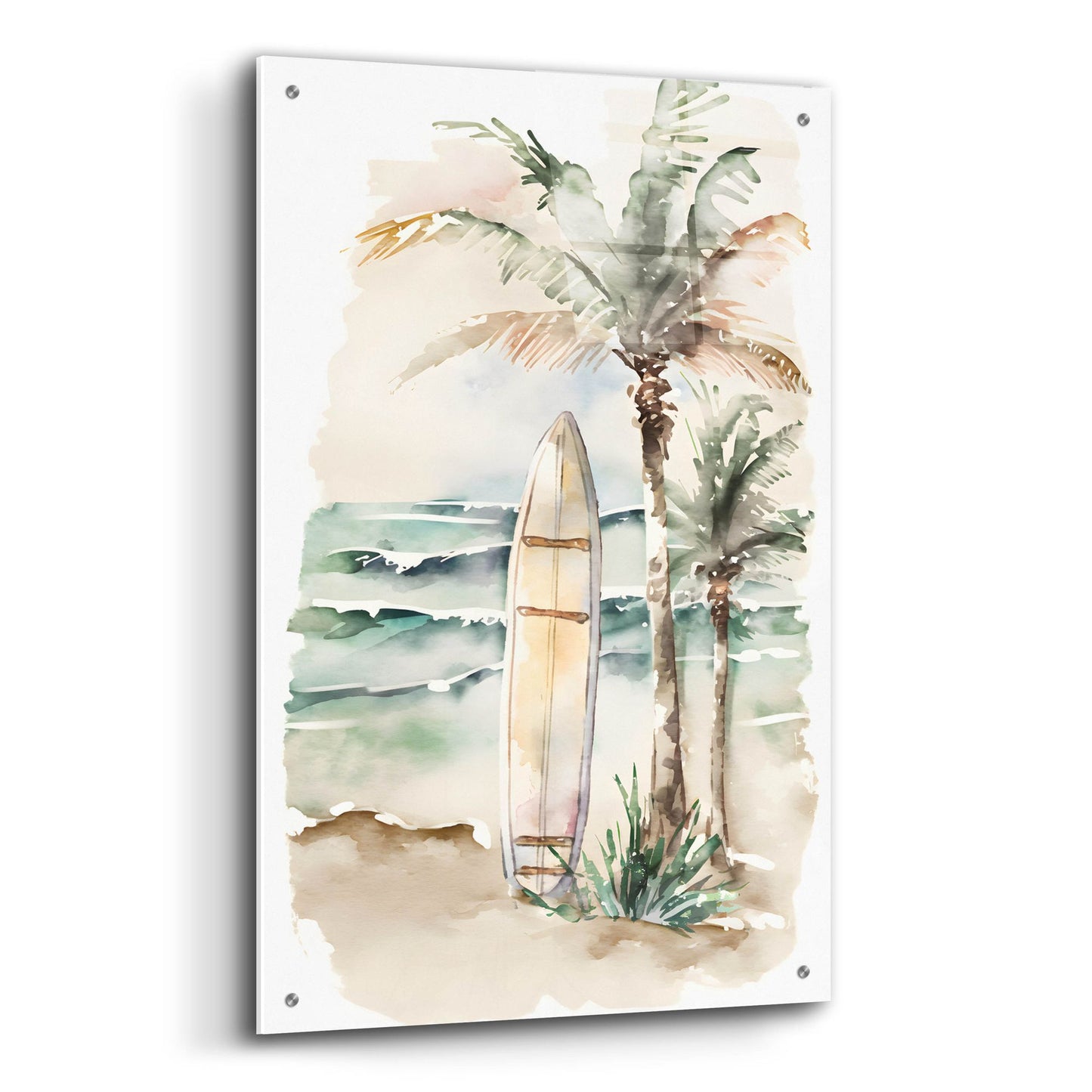 Epic Art 'Watercolor Beach Surfboard' by Petals Prints Design, Acrylic Glass Wall Art,24x36