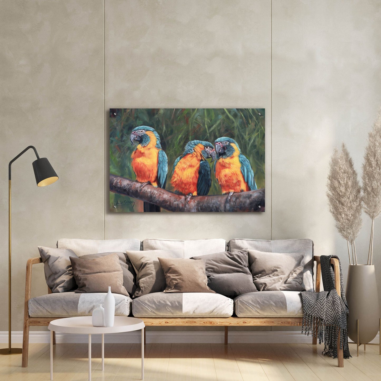 Epic Art '3 Macaws2 by David Stribbling, Acrylic Glass Wall Art,36x24