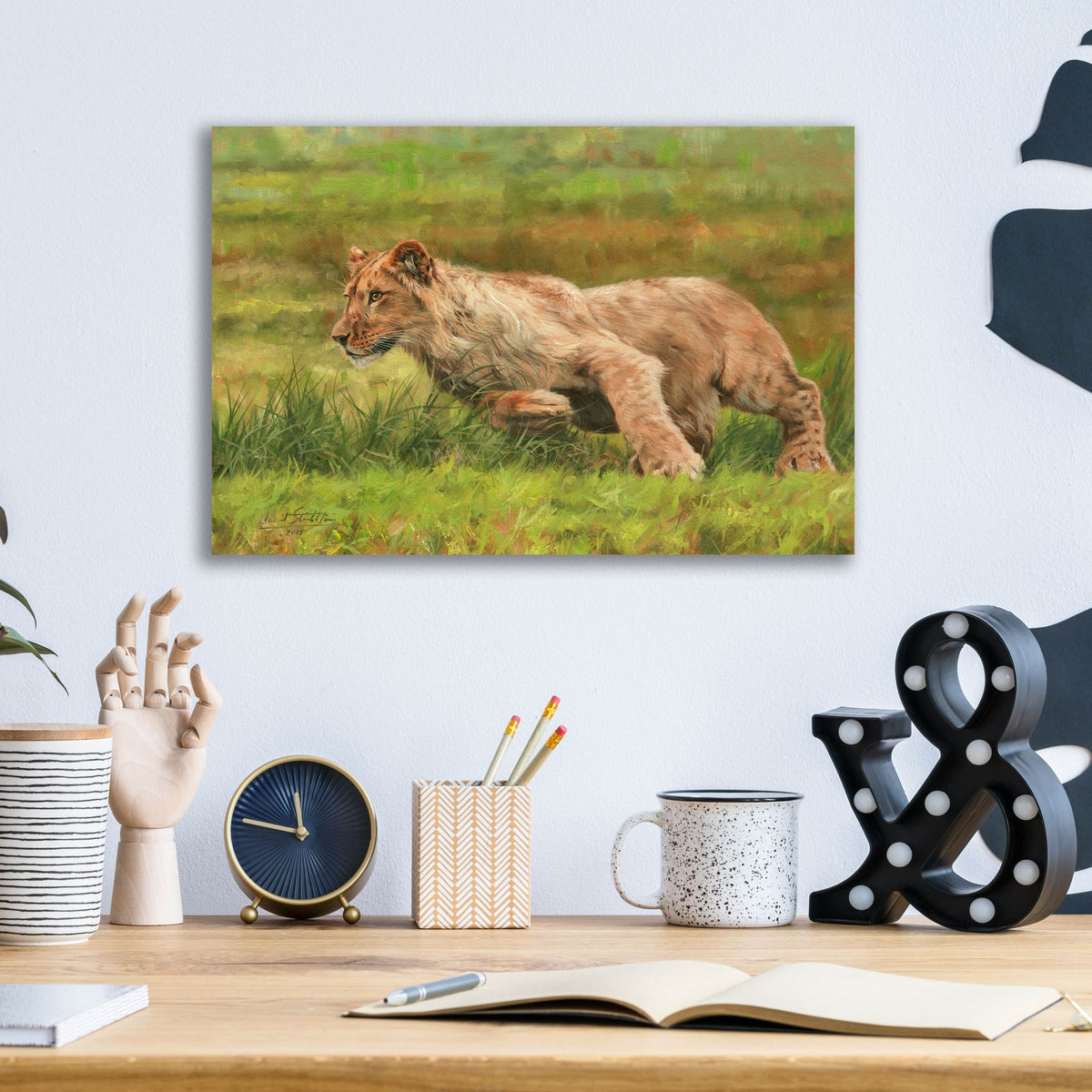 Epic Art 'Young Lion Running2 by David Stribbling, Acrylic Glass Wall Art,16x12