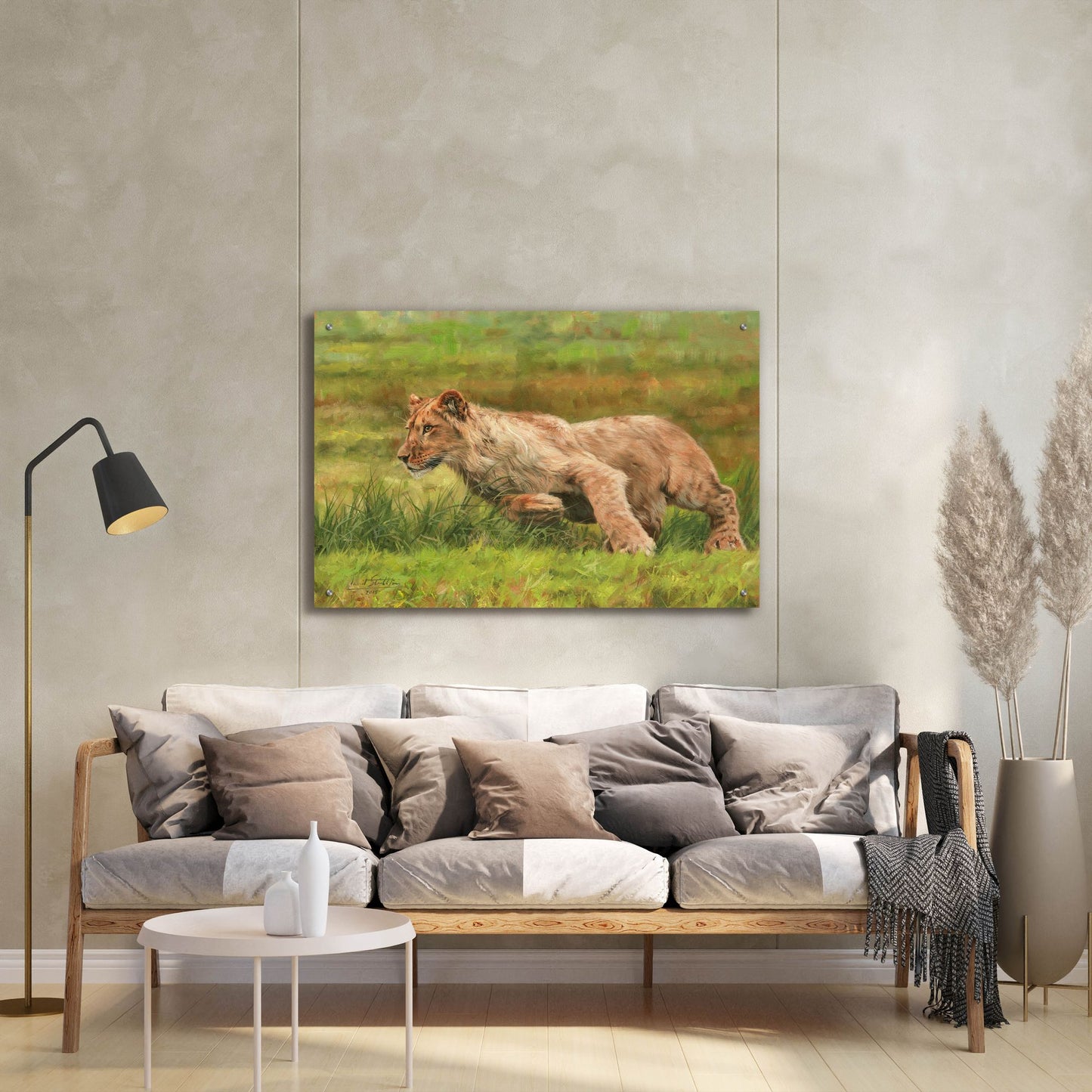 Epic Art 'Young Lion Running2 by David Stribbling, Acrylic Glass Wall Art,36x24