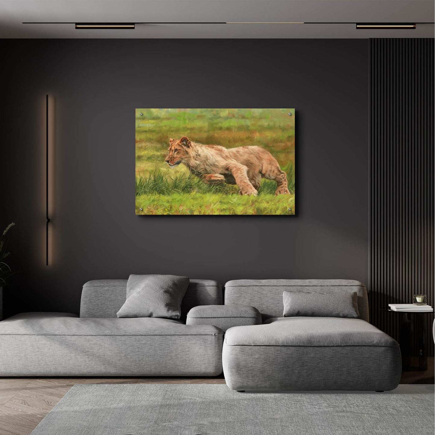 Epic Art 'Young Lion Running2 by David Stribbling, Acrylic Glass Wall Art,36x24