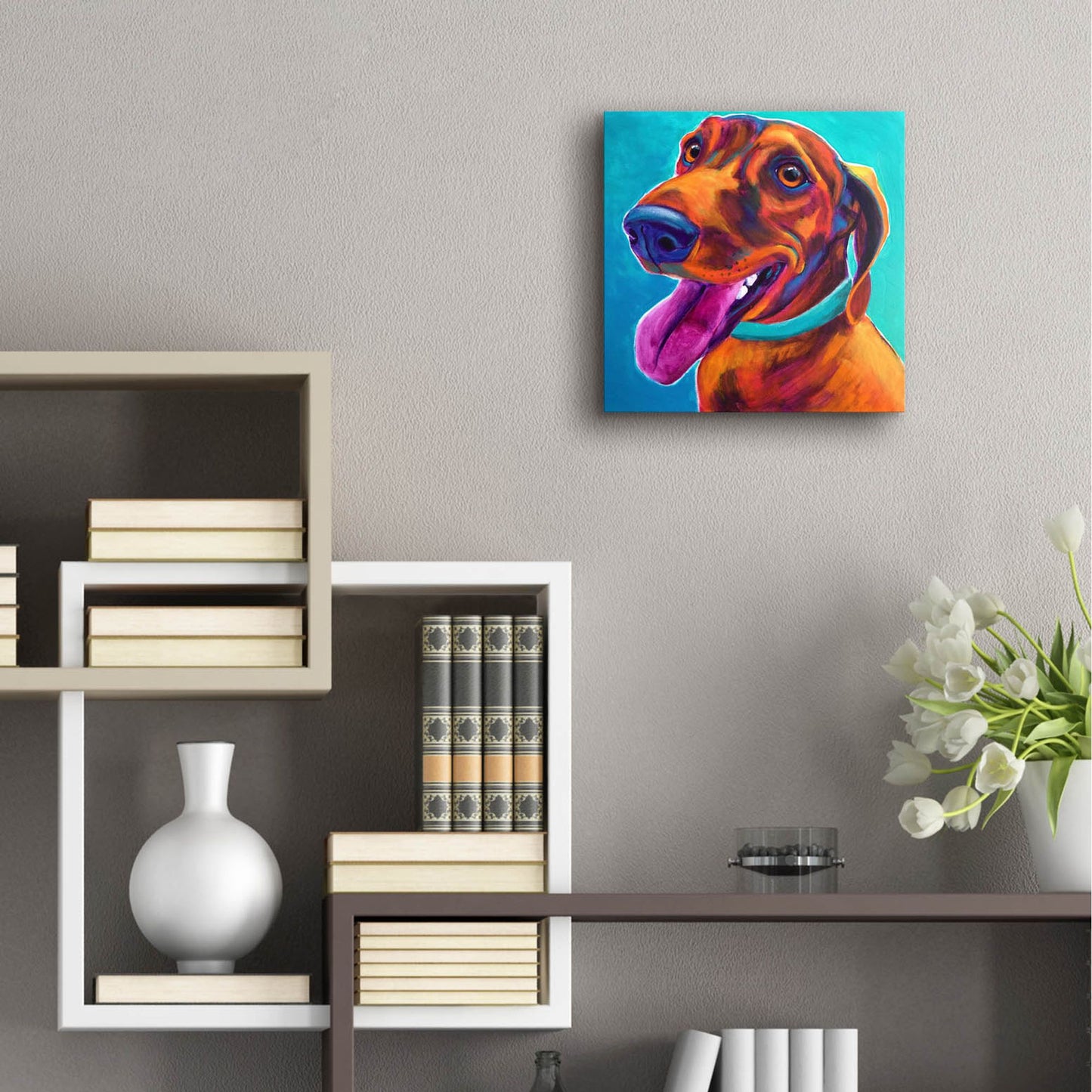 Epic Art 'Dachshund - Turquoise2 by Dawg Painter, Acrylic Glass Wall Art,12x12