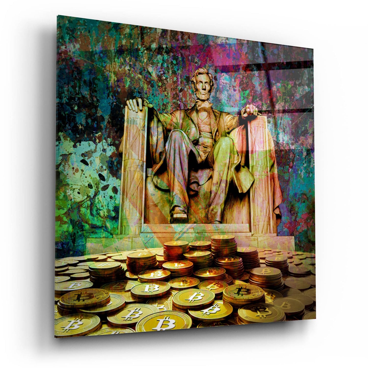 Epic Art 'Lincoln On Bitcoin Mountain by Epic Portfolio, Acrylic Glass Wall Art,12x12