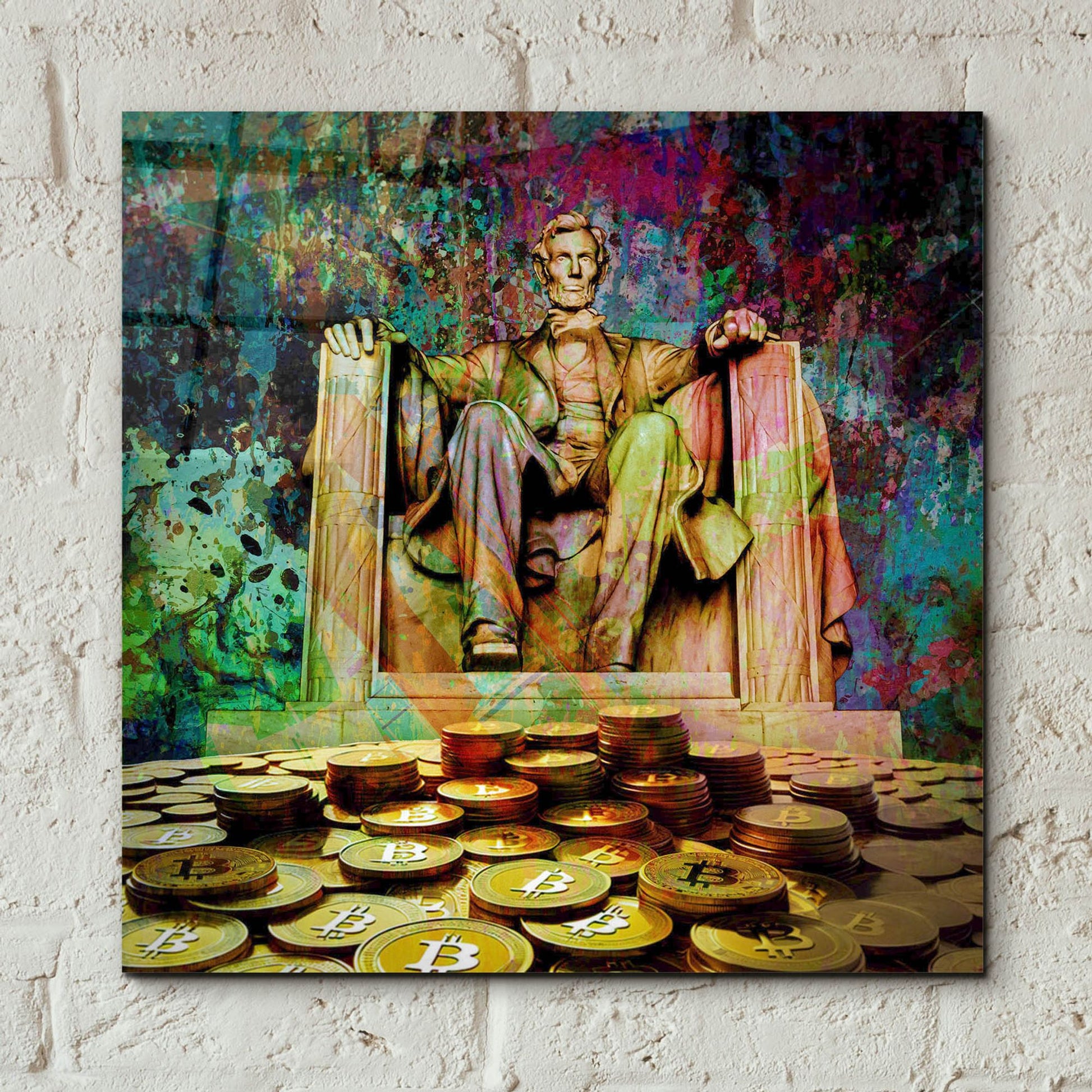 Epic Art 'Lincoln On Bitcoin Mountain by Epic Portfolio, Acrylic Glass Wall Art,12x12