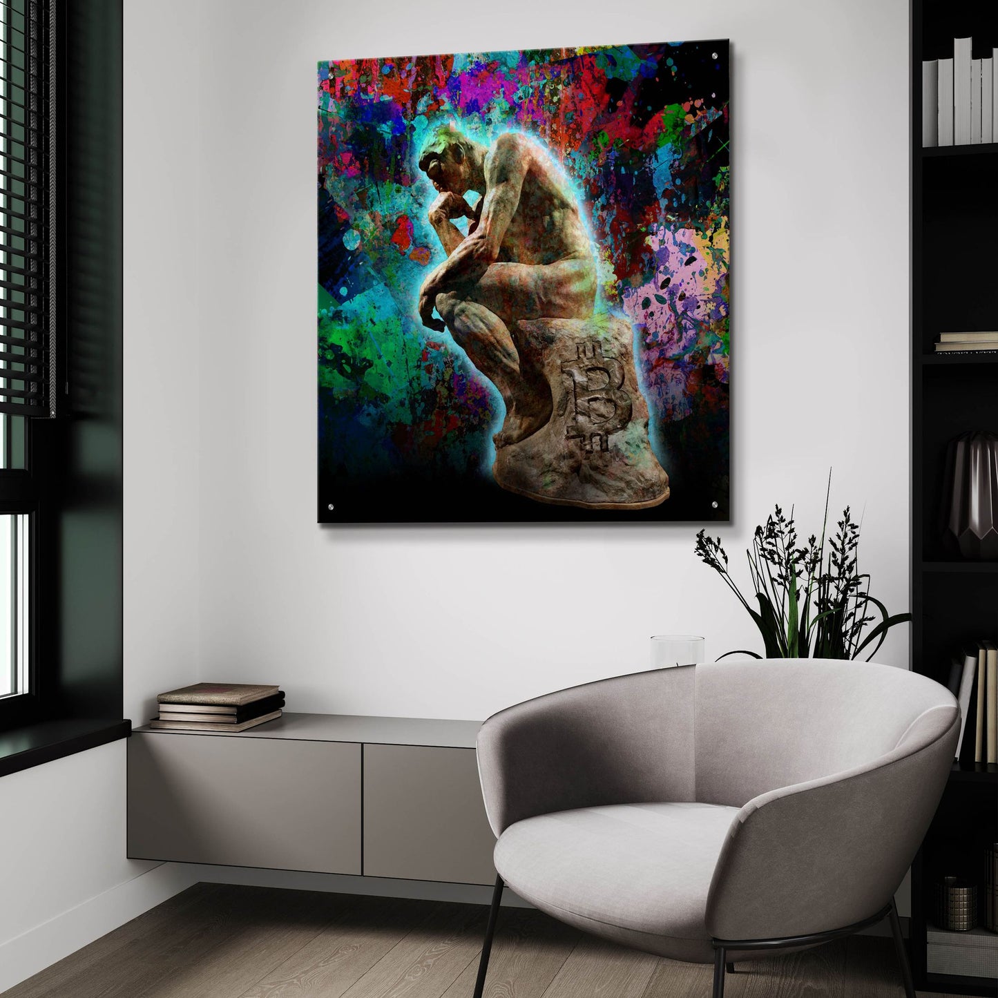 Epic Art 'The Bitcoin Thinker by Epic Portfolio, Acrylic Glass Wall Art,36x36