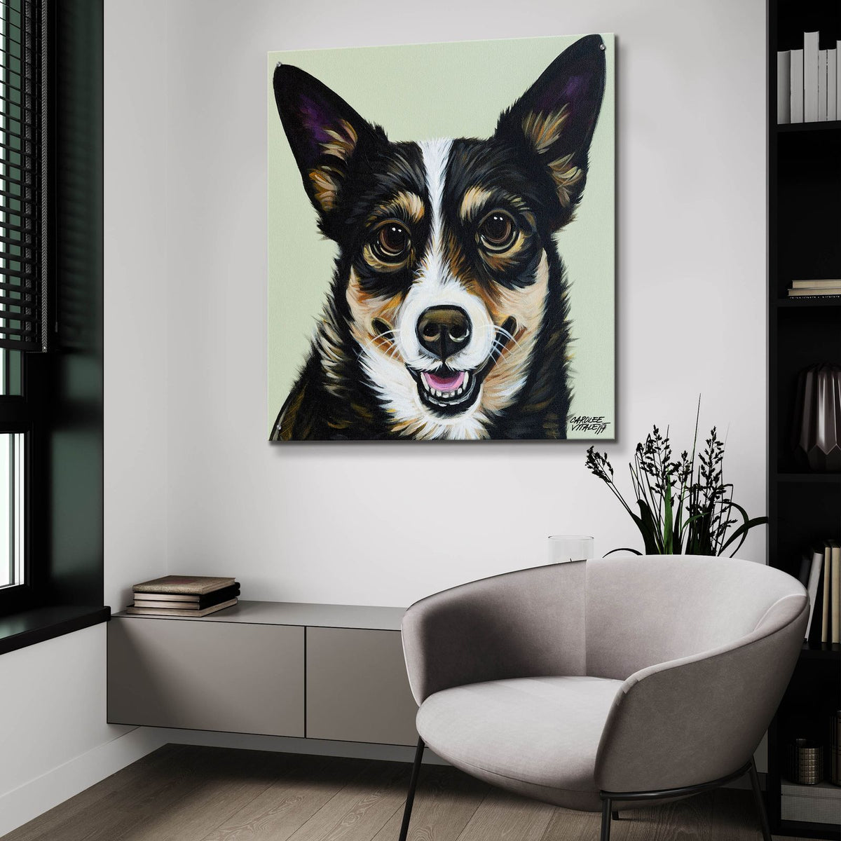 Black And Tan Corgi by Carolee Vitaletti - 36x36 acrylic wall art in a room