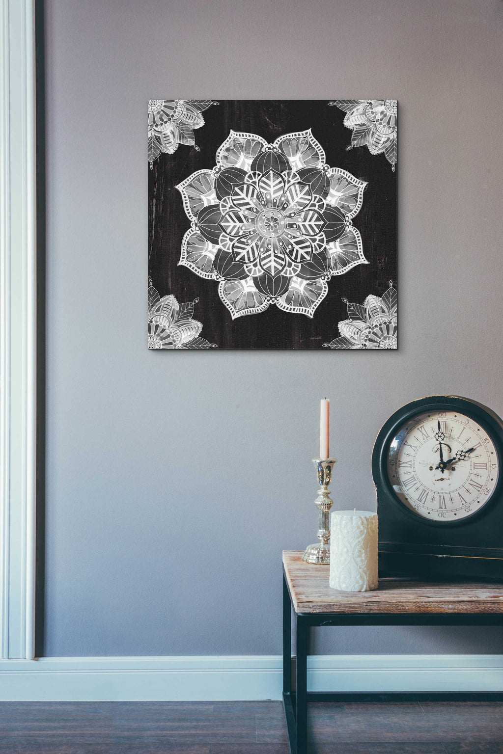 Mandala Morning V Black and White by Anne Tavoletti - 24x24 acrylic wall art in a room