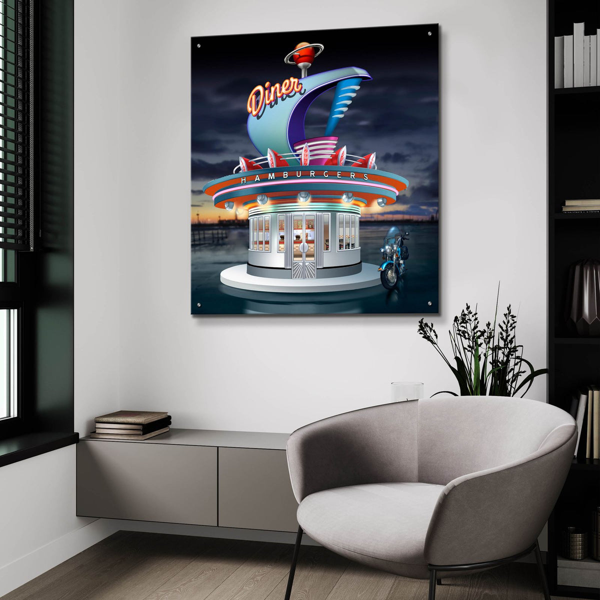 Diner by Bigelow Illustrations - 36x36 acrylic wall art in a room