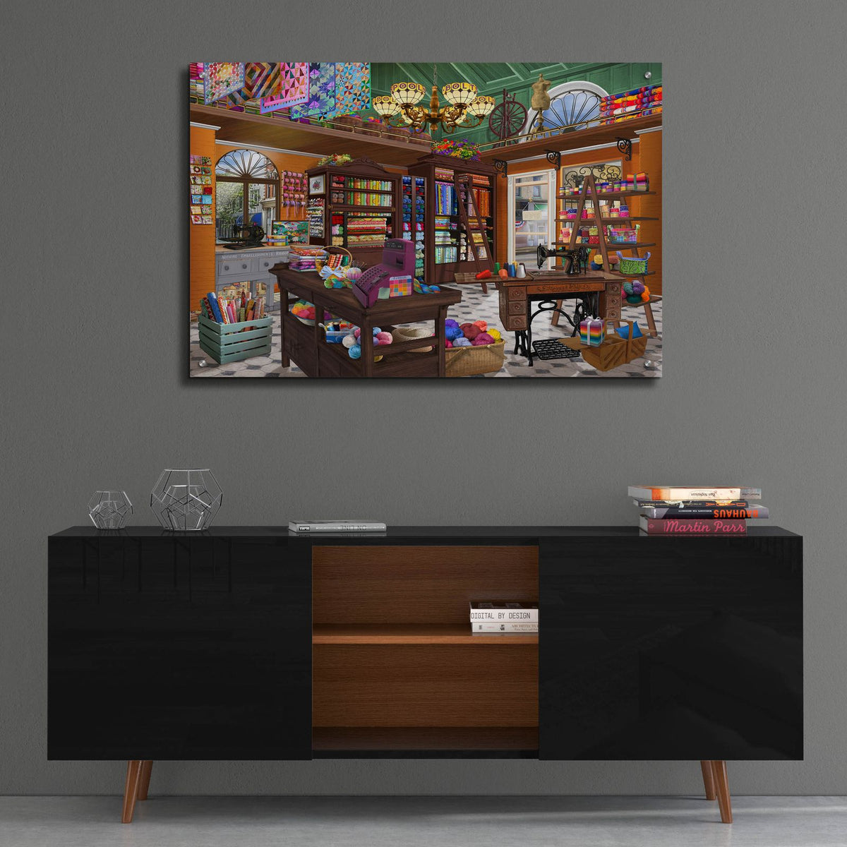 Spools N Bolts by Bigelow Illustrations - 36x24 acrylic wall art in a room