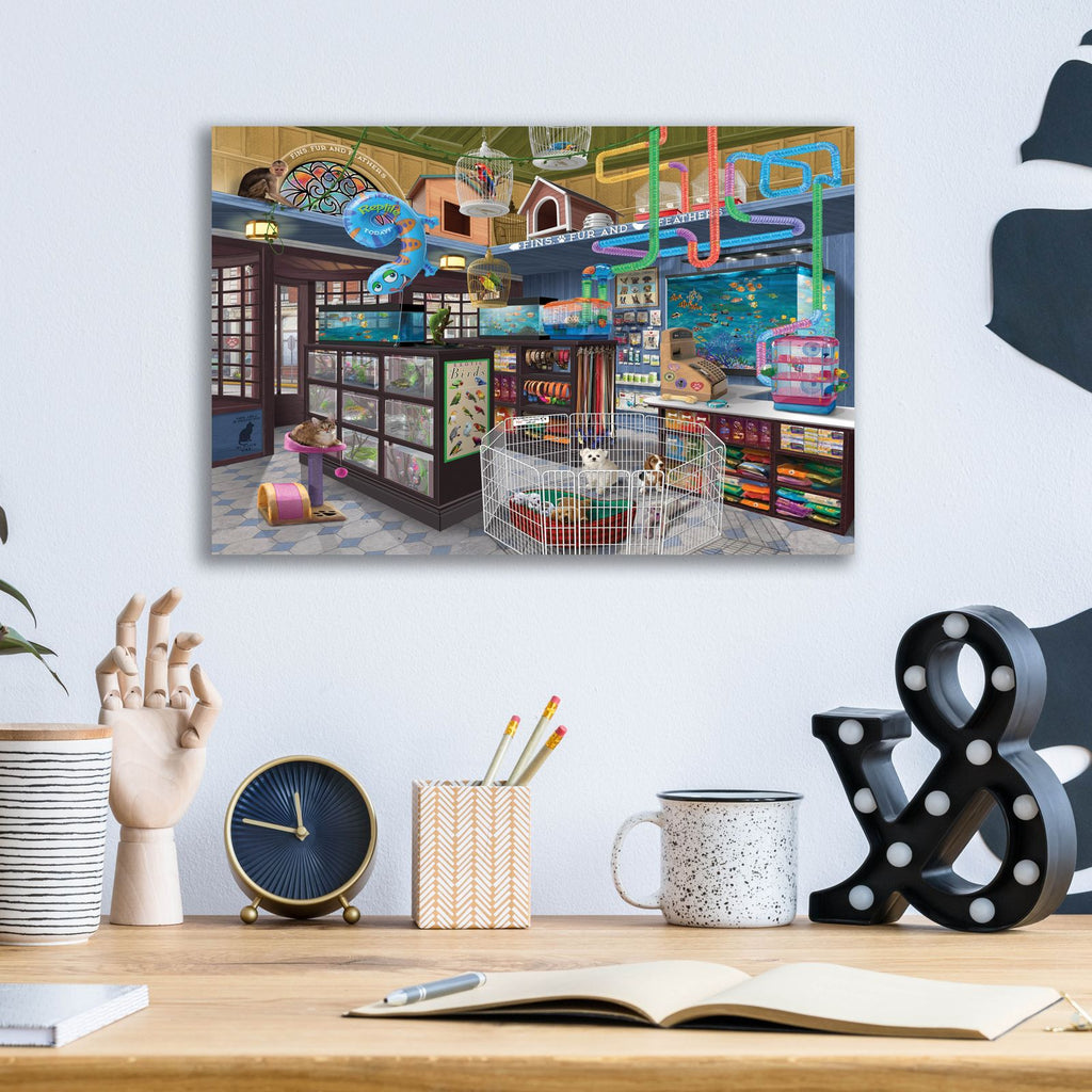 Fins, Fur And Feathers by Bigelow Illustrations - 16x12 acrylic wall art in a room