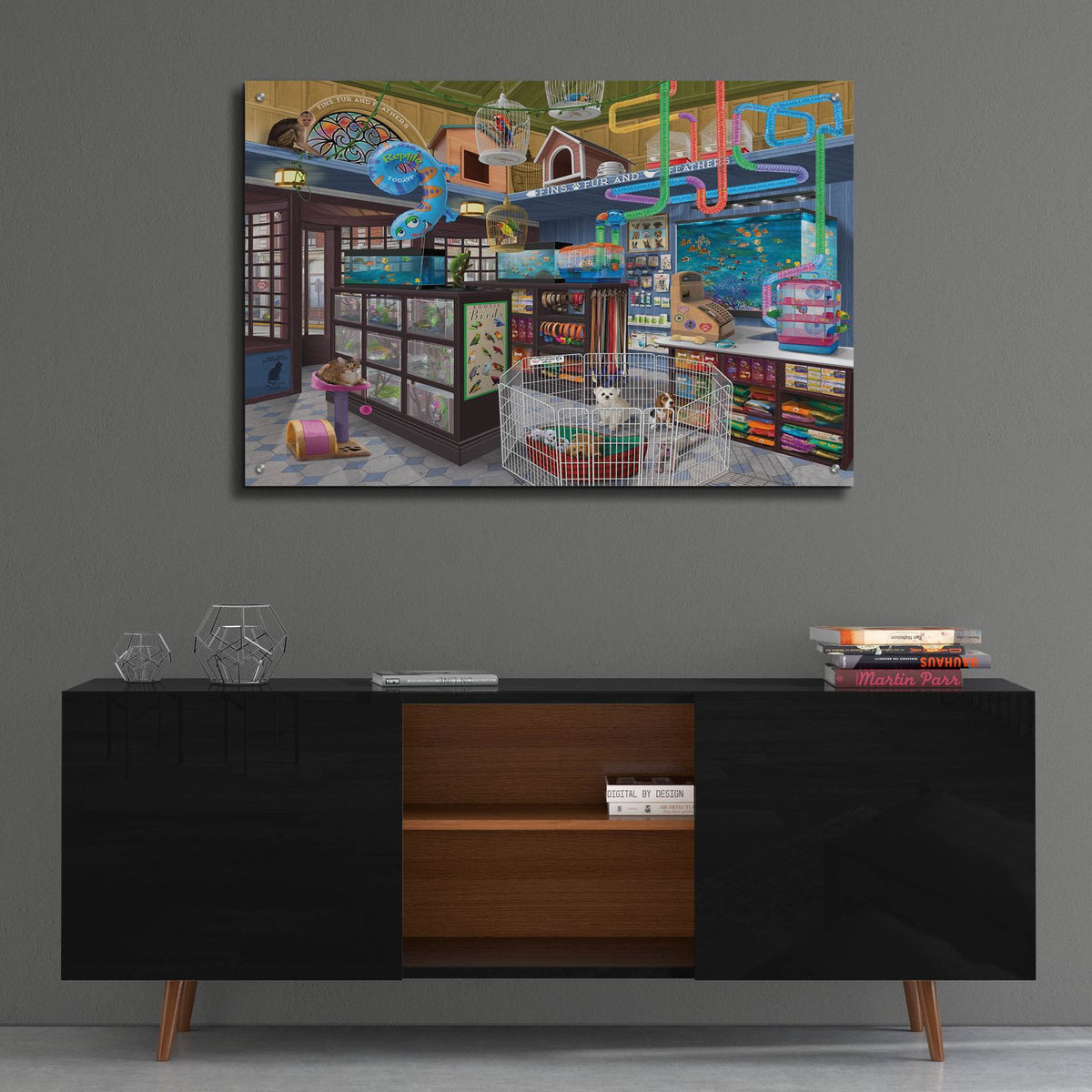 Fins, Fur And Feathers by Bigelow Illustrations - 36x24 acrylic wall art in a room